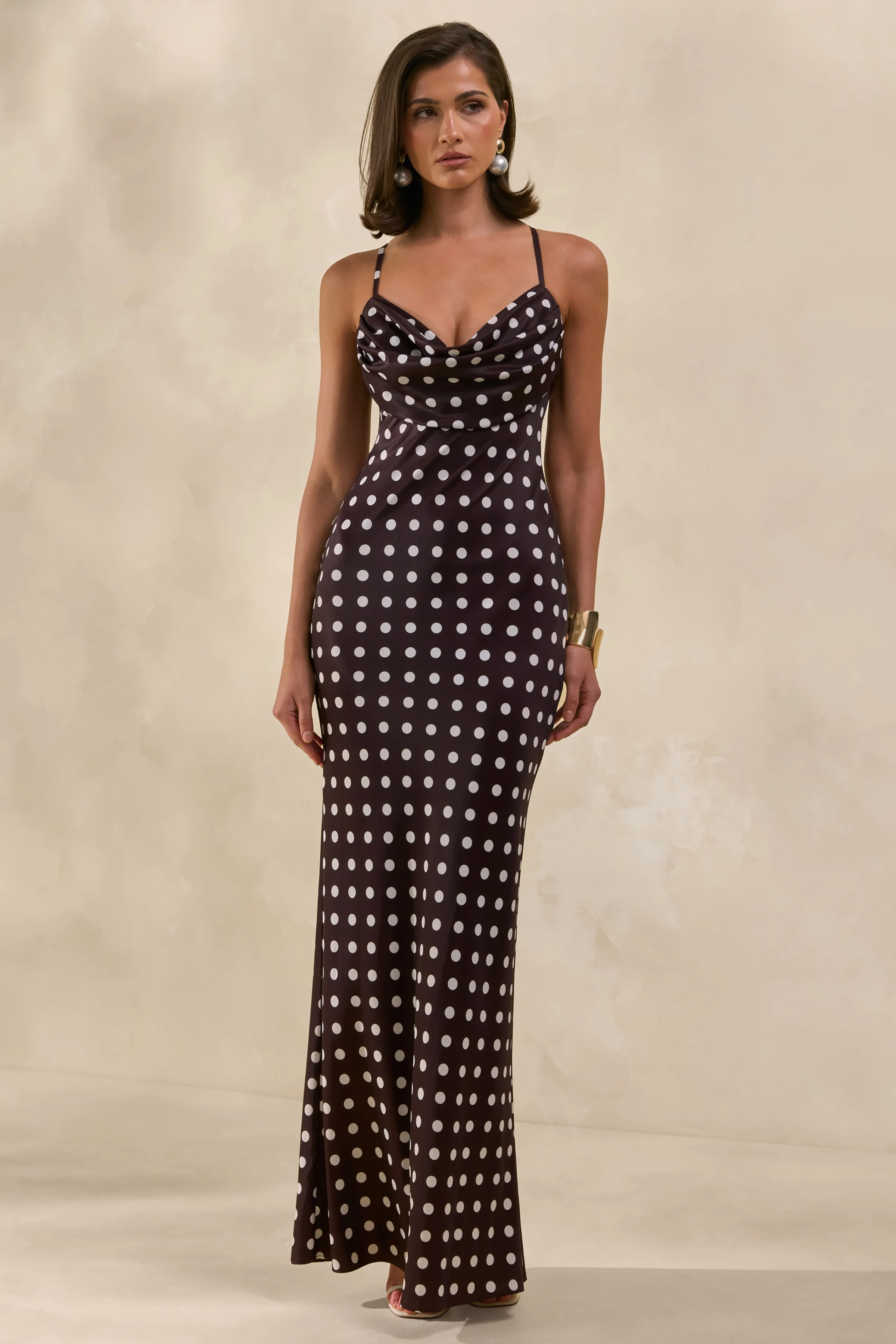 Emaria | Brown Polka-Dot Satin Cowl-Maxi Dress With Scarf