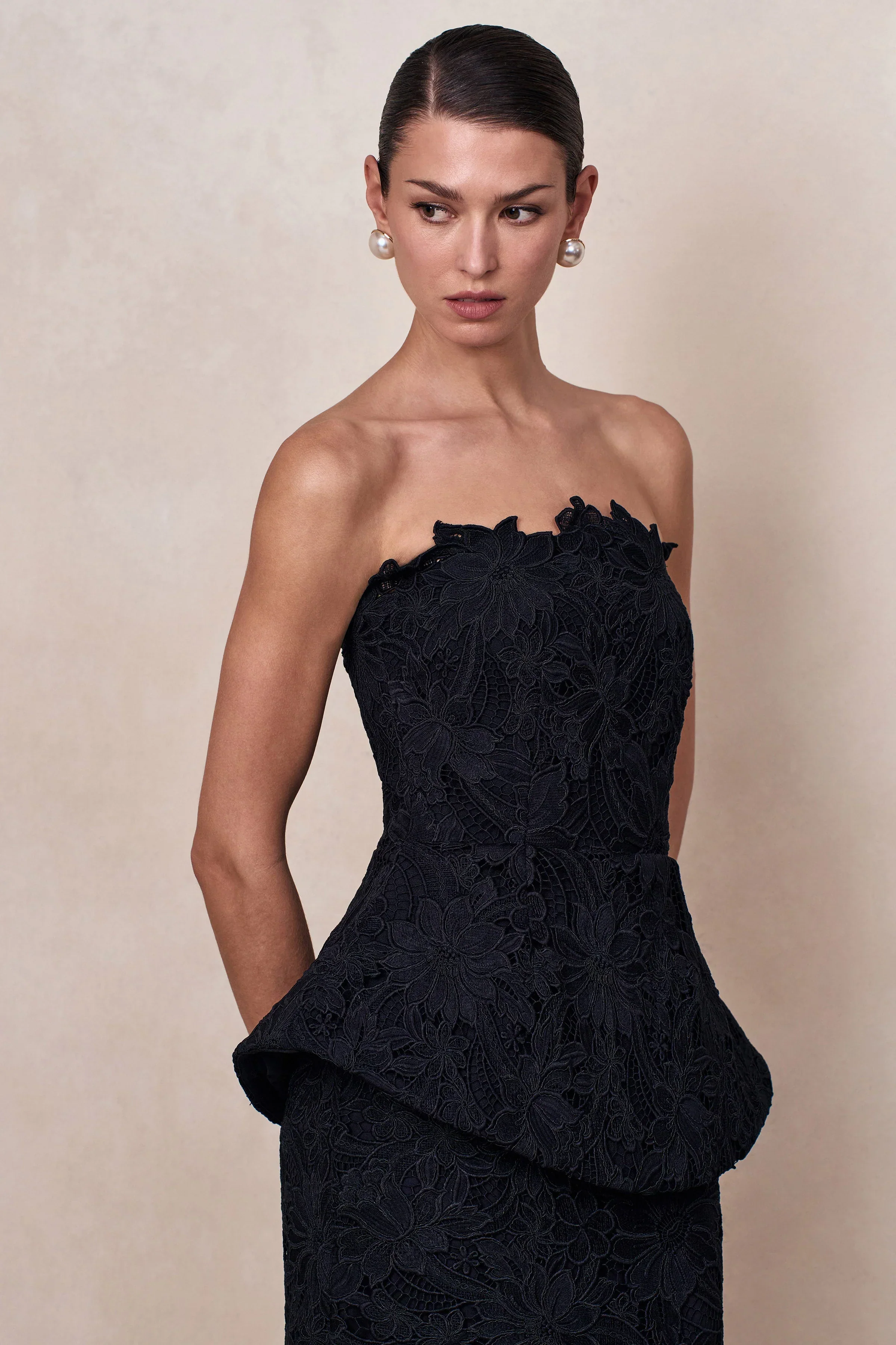 Delvine | Black Lace Bandeau Corset Maxi Dress