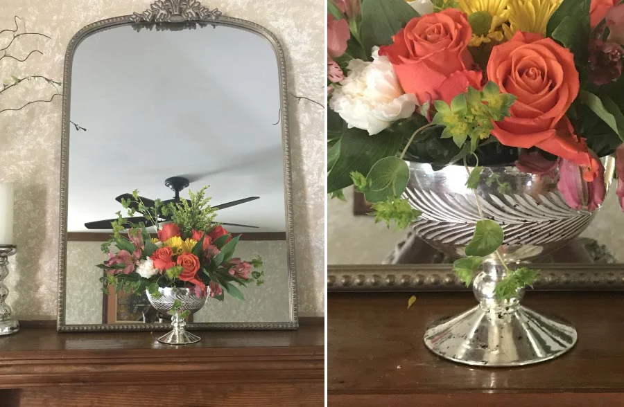 Mercury Glass Wreath Etched Compote