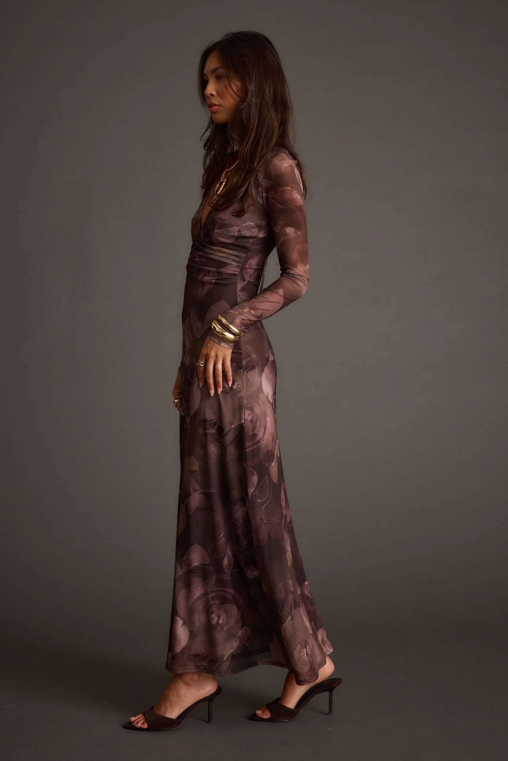 Kristin Plum Blur Mesh Maxi Dress