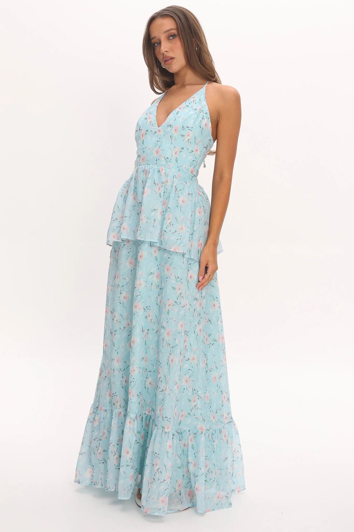 Whispering Petals Peplum Maxi Dress Baby Blue