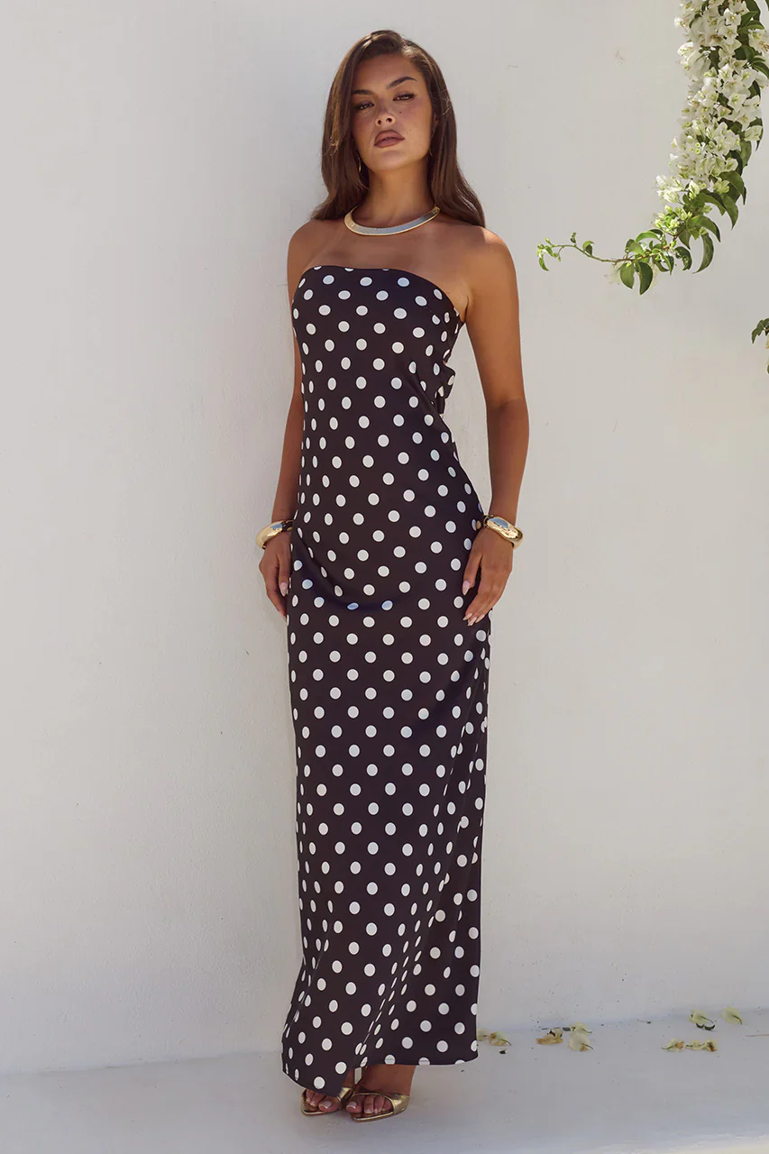 CELESTE STRAPLESS MAXI DRESS - BLACK/WHITE POLKA