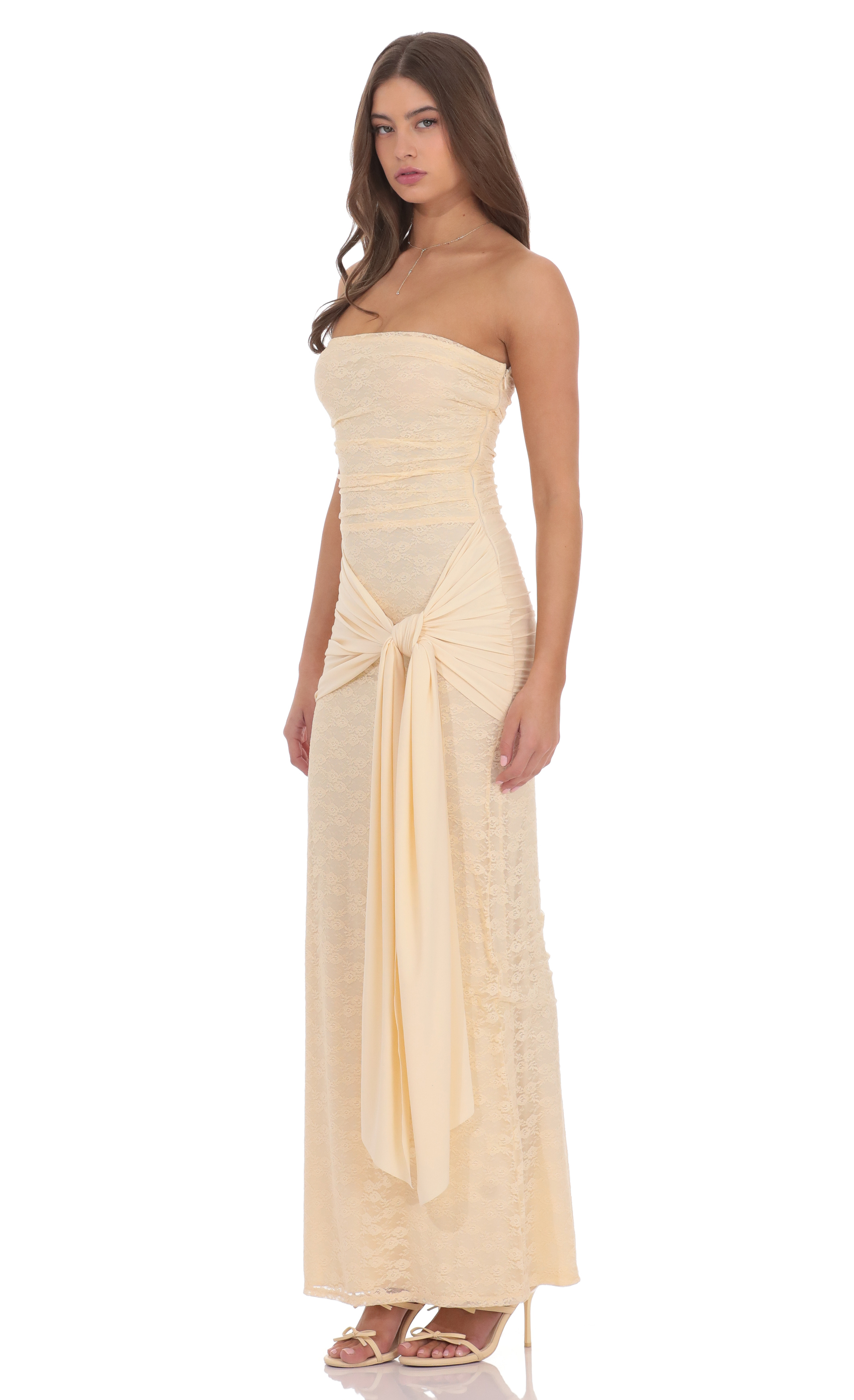 Strapless Lace Tassel Wrap Maxi Dress in Vanilla - luluinthesky