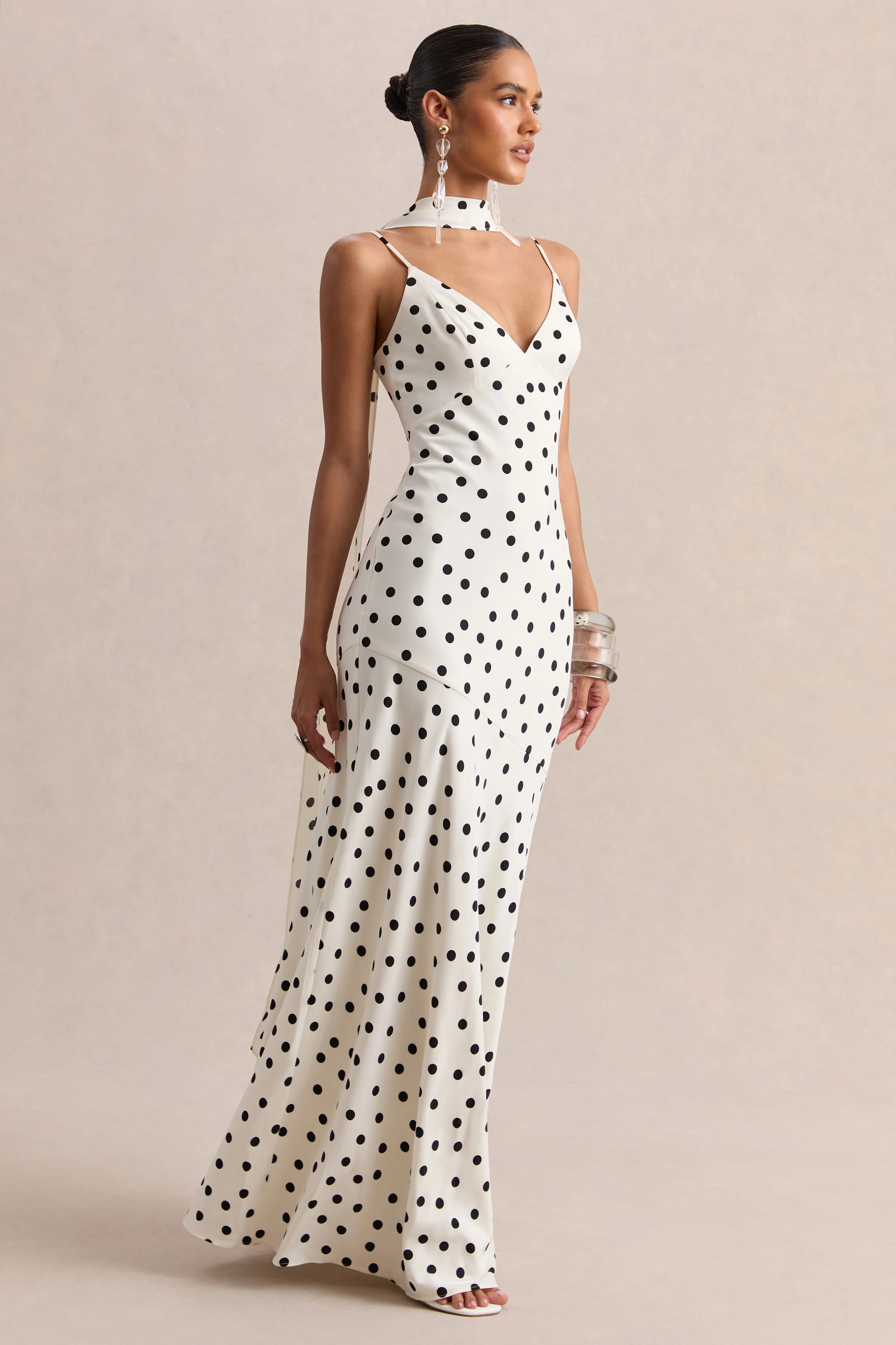 Starling | White & Black Polka Dot Matte Satin Plunge-Neck Maxi Dress With Scarf-Detail