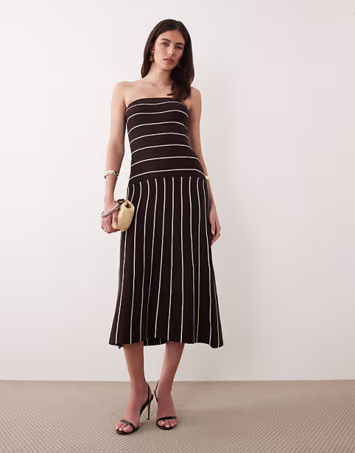 Pretty Lavish knit bandeau midi dress in brown cream stripe