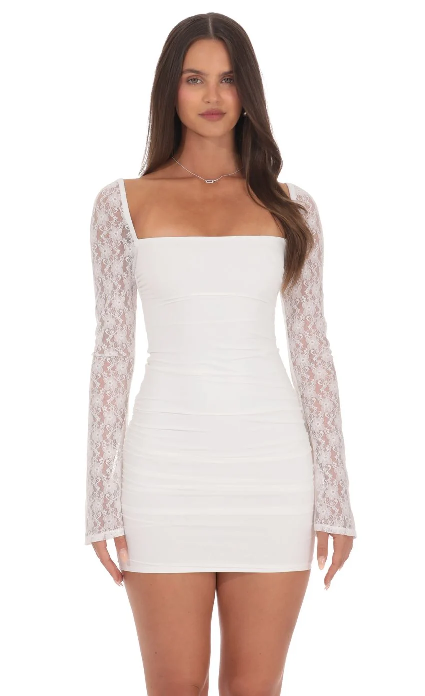 Sheer Lace Ruched Long Sleeve Mini Dress in White