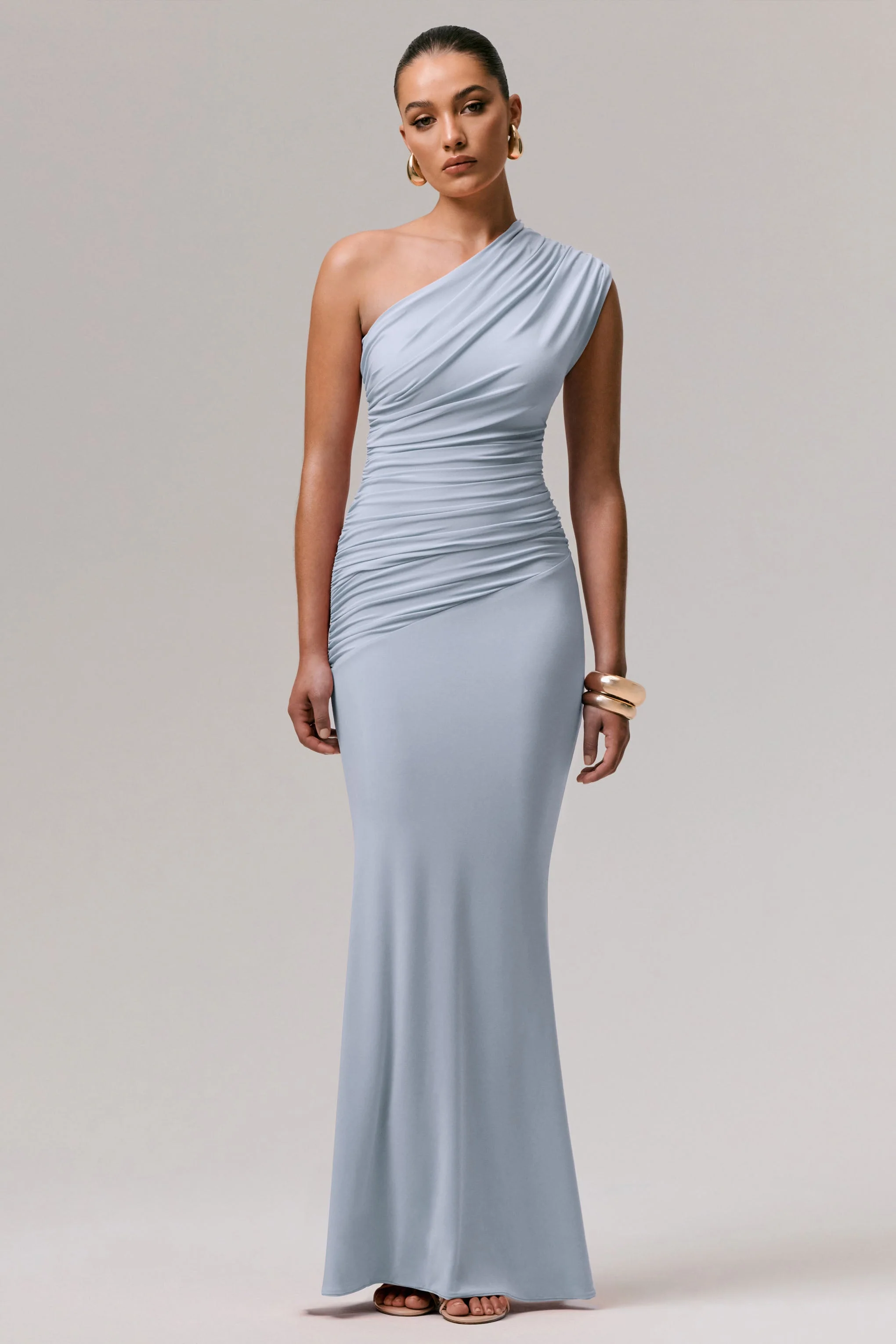 Mardi | Powder Blue Asymmetric Maxi Dress With Ruching