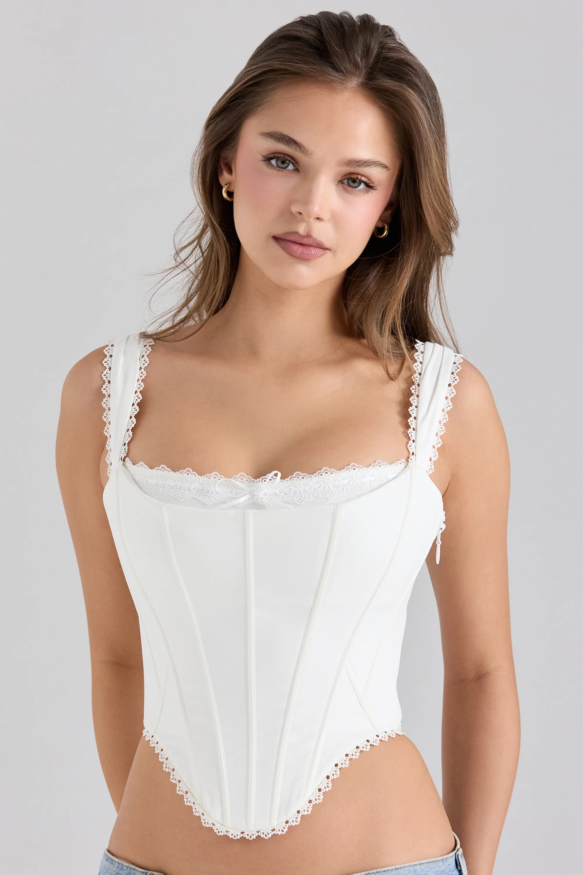 White Stretch Cotton Scallop Trim Corset Top