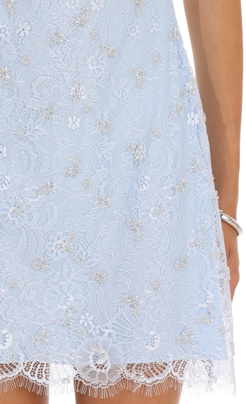 Beaded Lace Mini Dress in Light Blue - luluinthesky