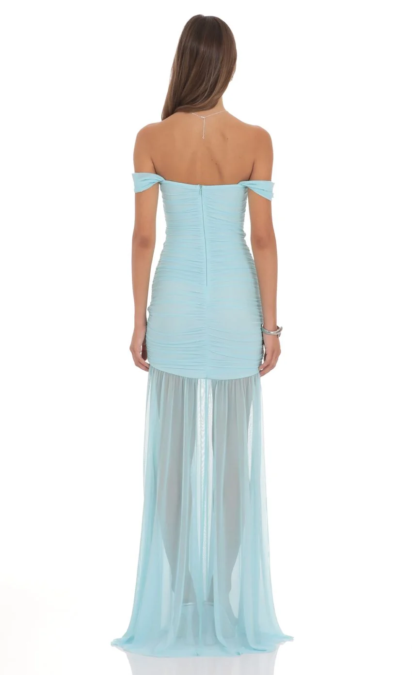 Mesh Off Shoulder Ruched Maxi Dress in Blue