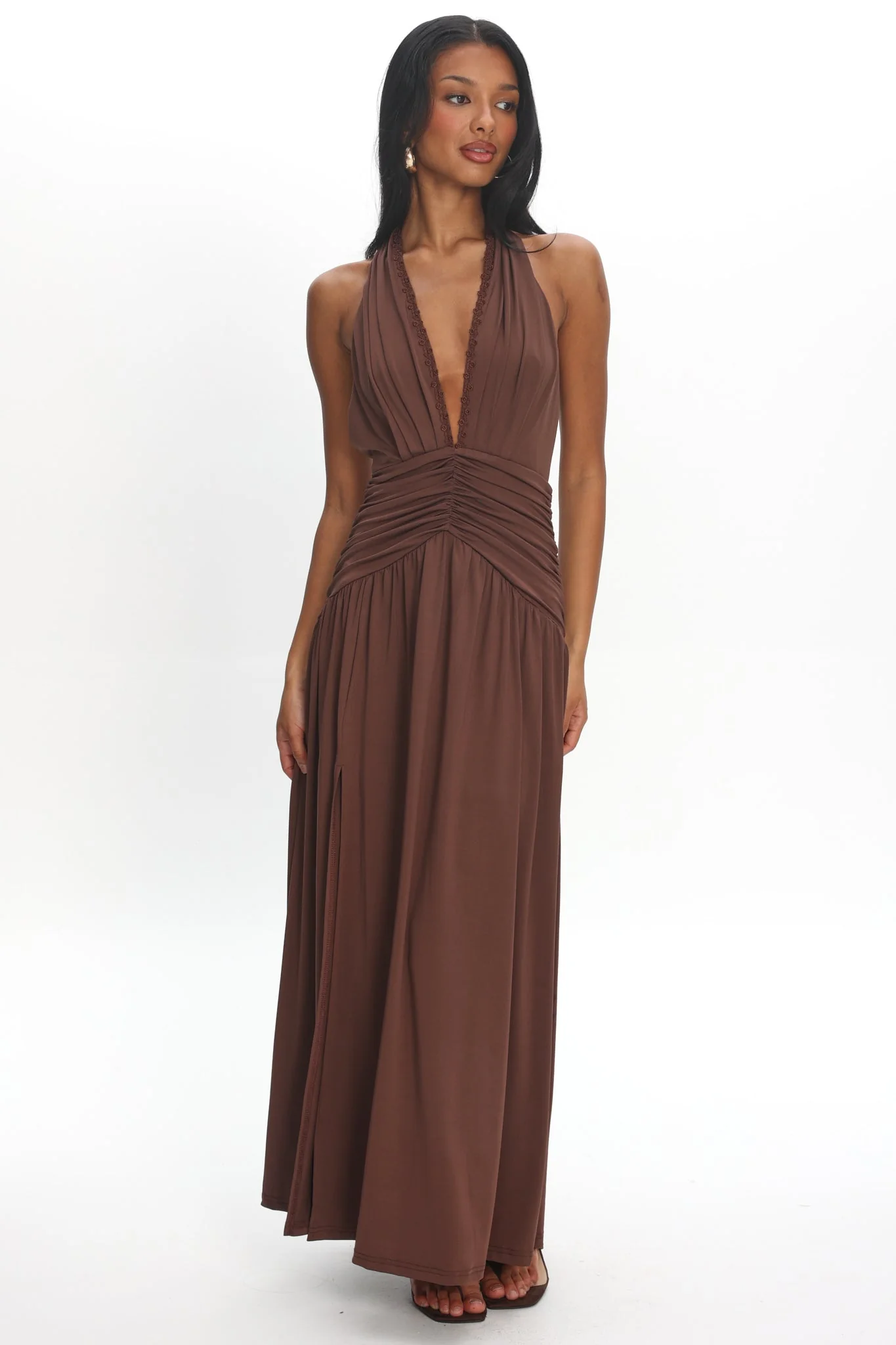 Tanya Halterneck Ruched Maxi Dress Chocolate