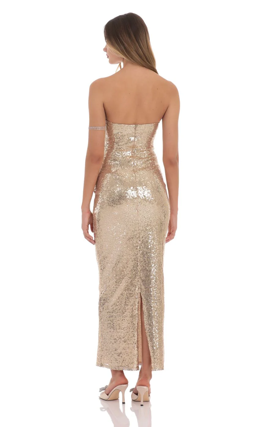 Sequin Bow Cutout Maxi Dress in Gold