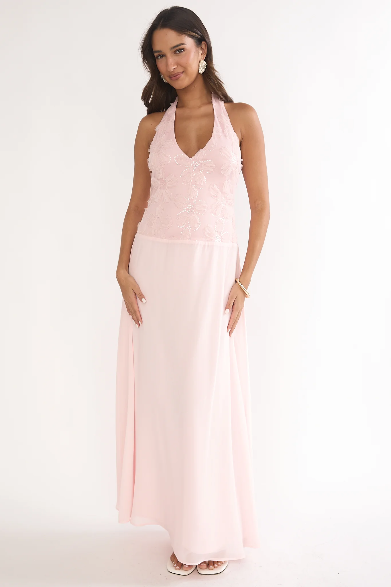 Blushing Belle Embellished Halter Maxi Dress Blush - luluinthesky