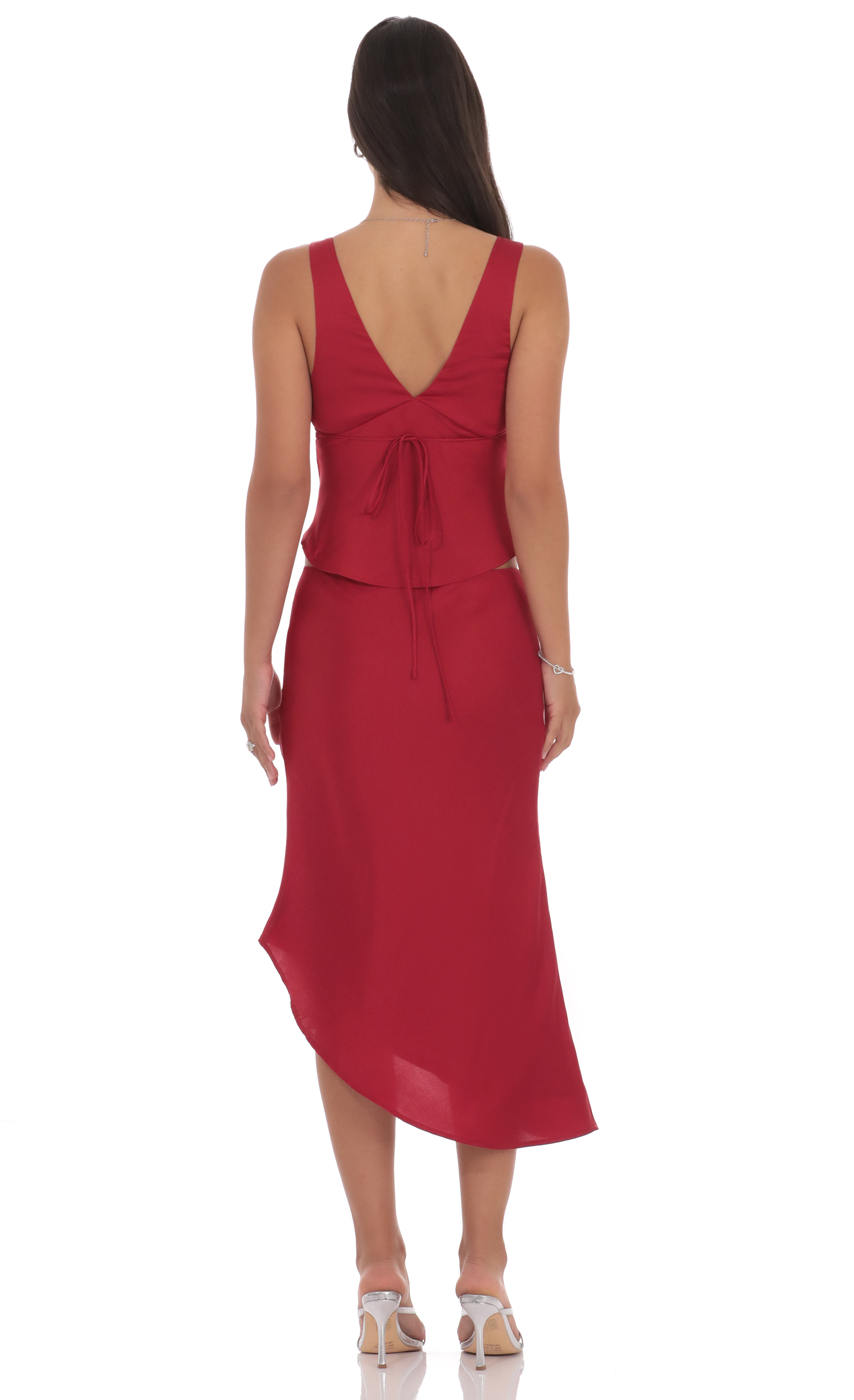 Satin Asymmetrical Midi Skirt in Red - luluinthesky