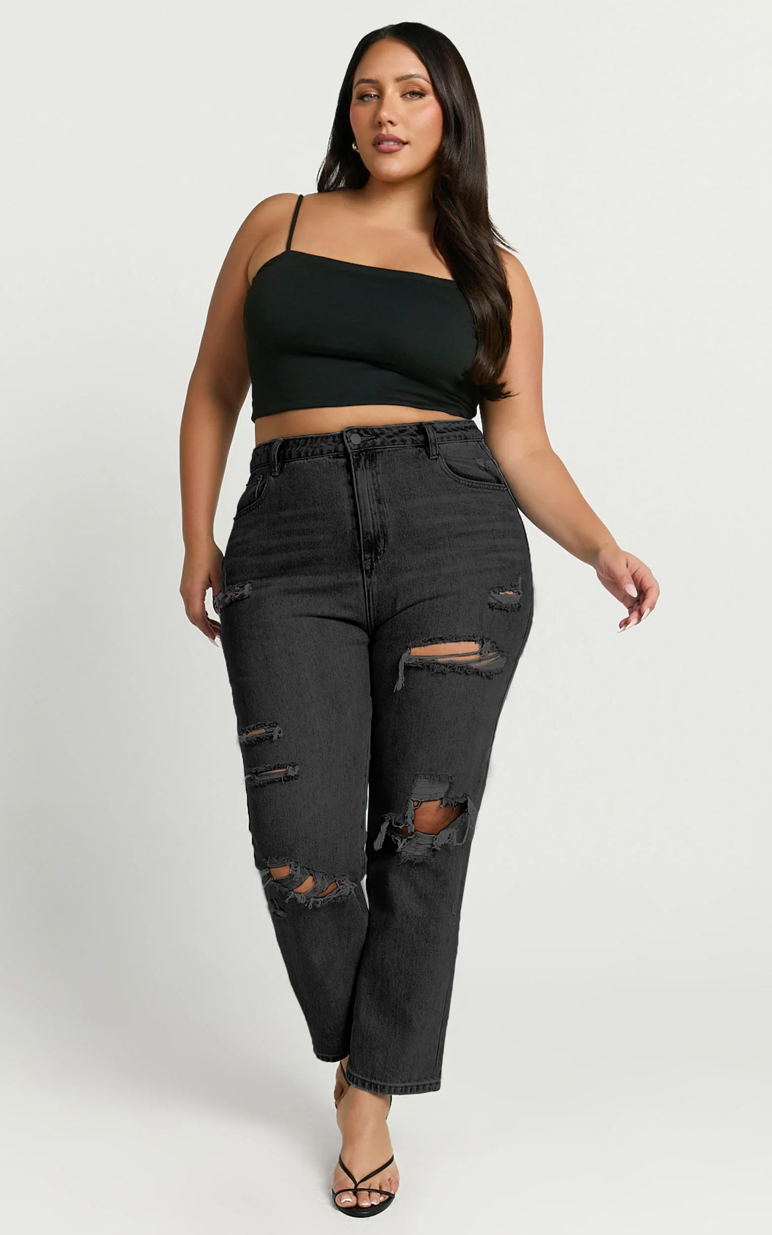 Billie Jeans - High Waisted Cotton Distressed Mom Denim Jeans in Black Wash