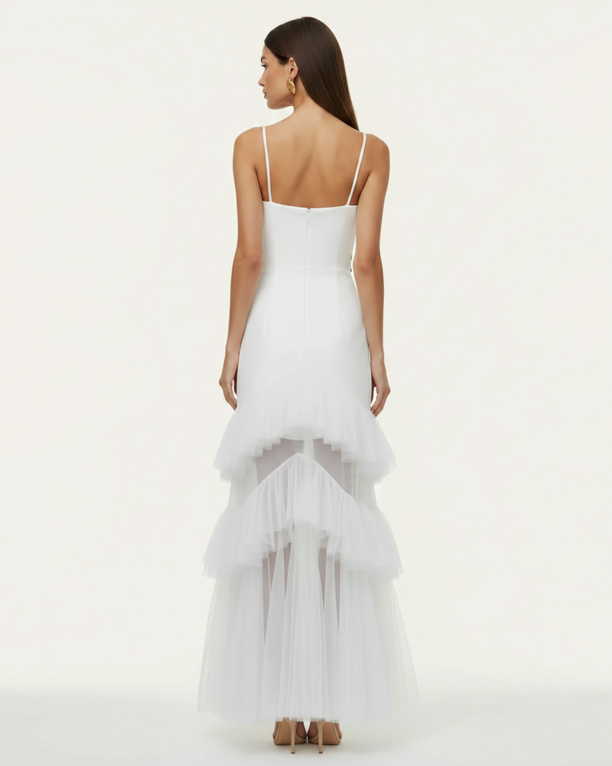 Orchid Embroidered Ruffled Tulle Strapless Maxi Dress - White