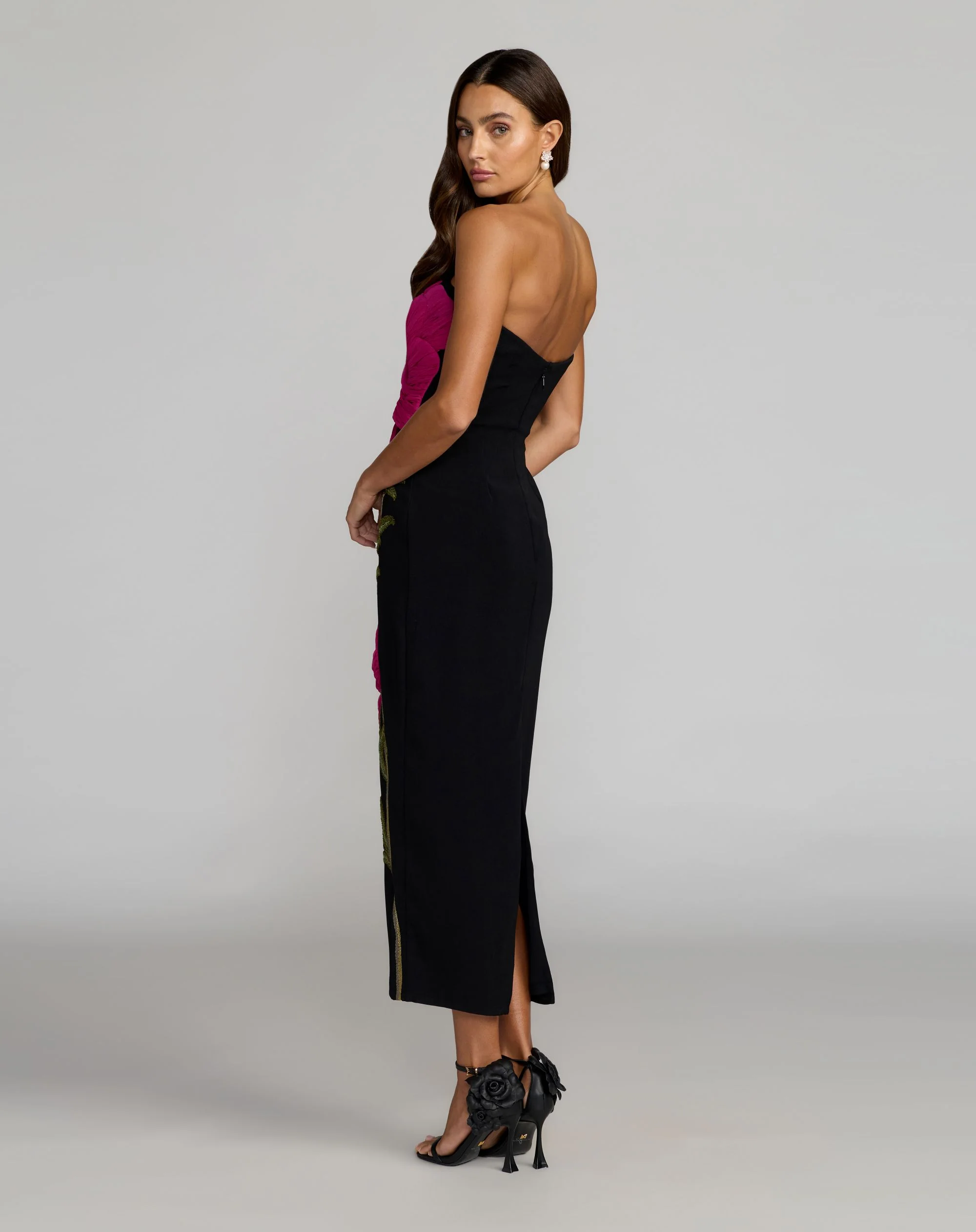Black Strapless Floral Embroidered Midi Dress - FASHION NOB