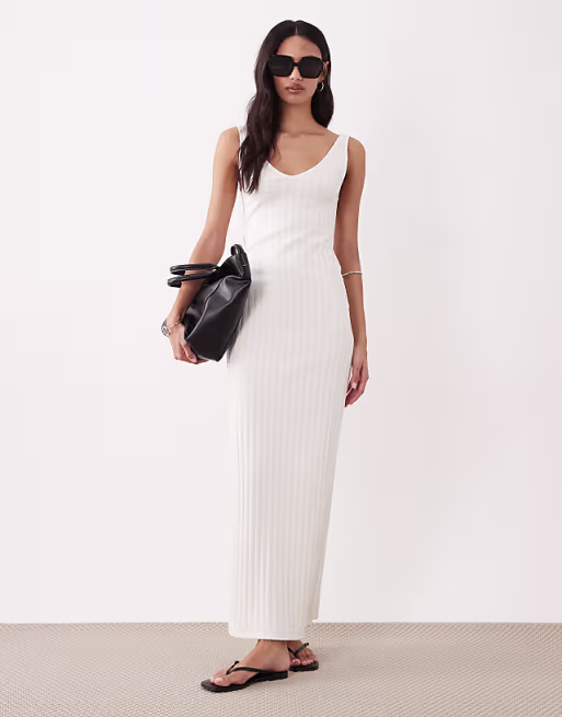 wide rib sleeveless V neck midi dress in neutral