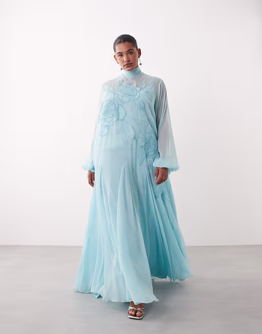 ARRANGE Curve applique floral tie neck blouson sleeve trapeze maxi dress in blue