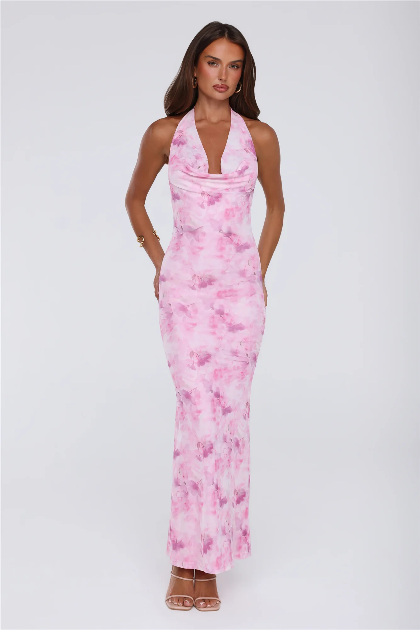 Power Vibe Halter Mesh Maxi Dress Pink