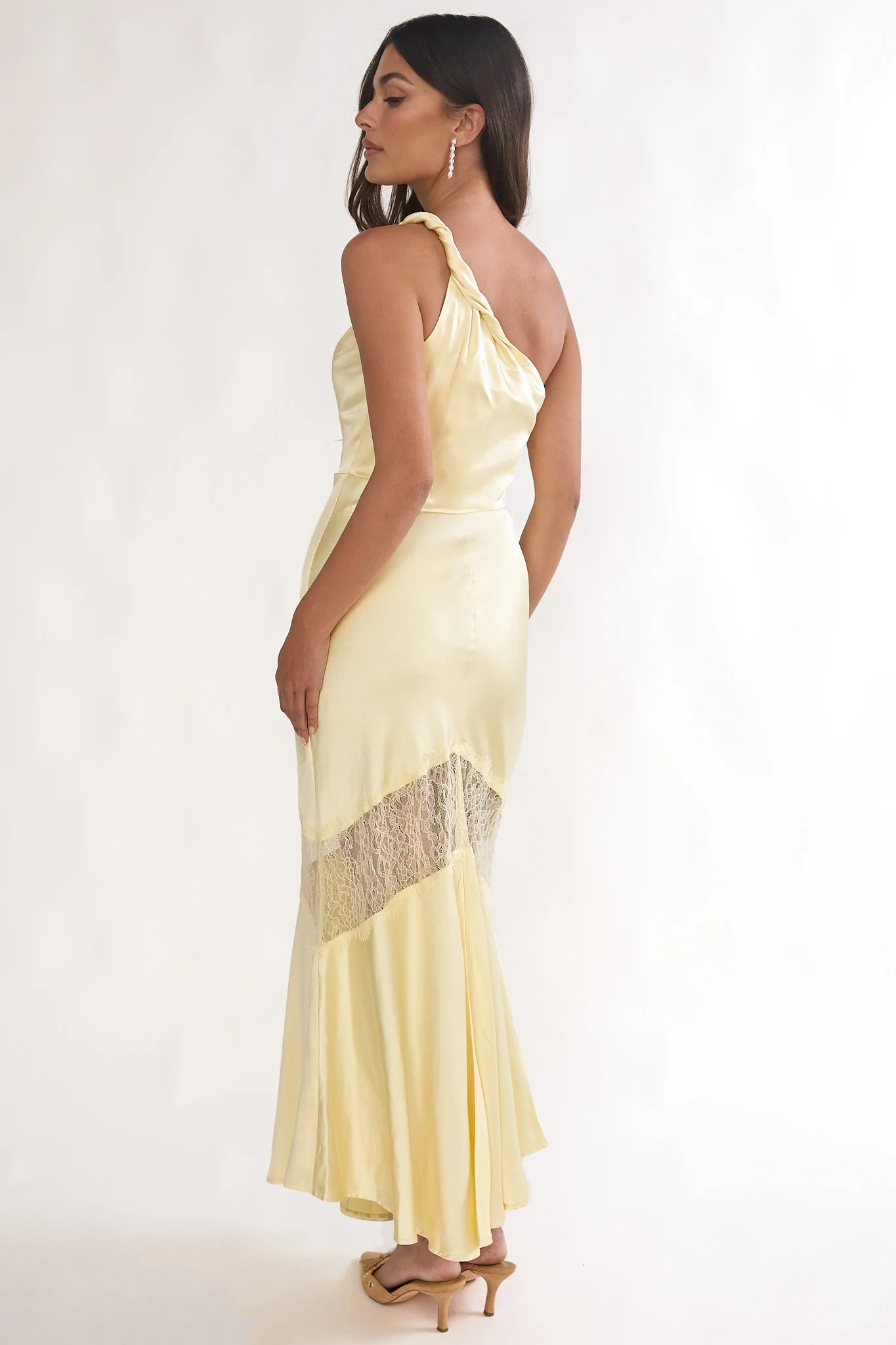 Avielle Lace Trim One-Shoulder Maxi Dress Butter - luluinthesky