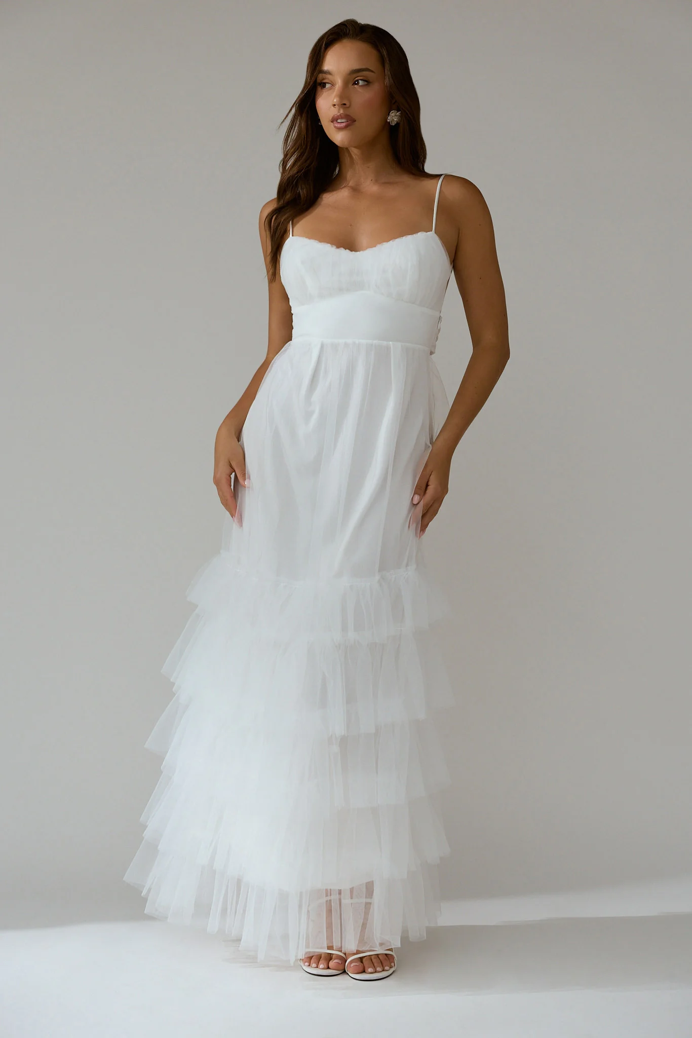 Nerida Twist Back Frill Trim Mesh Maxi Dress White