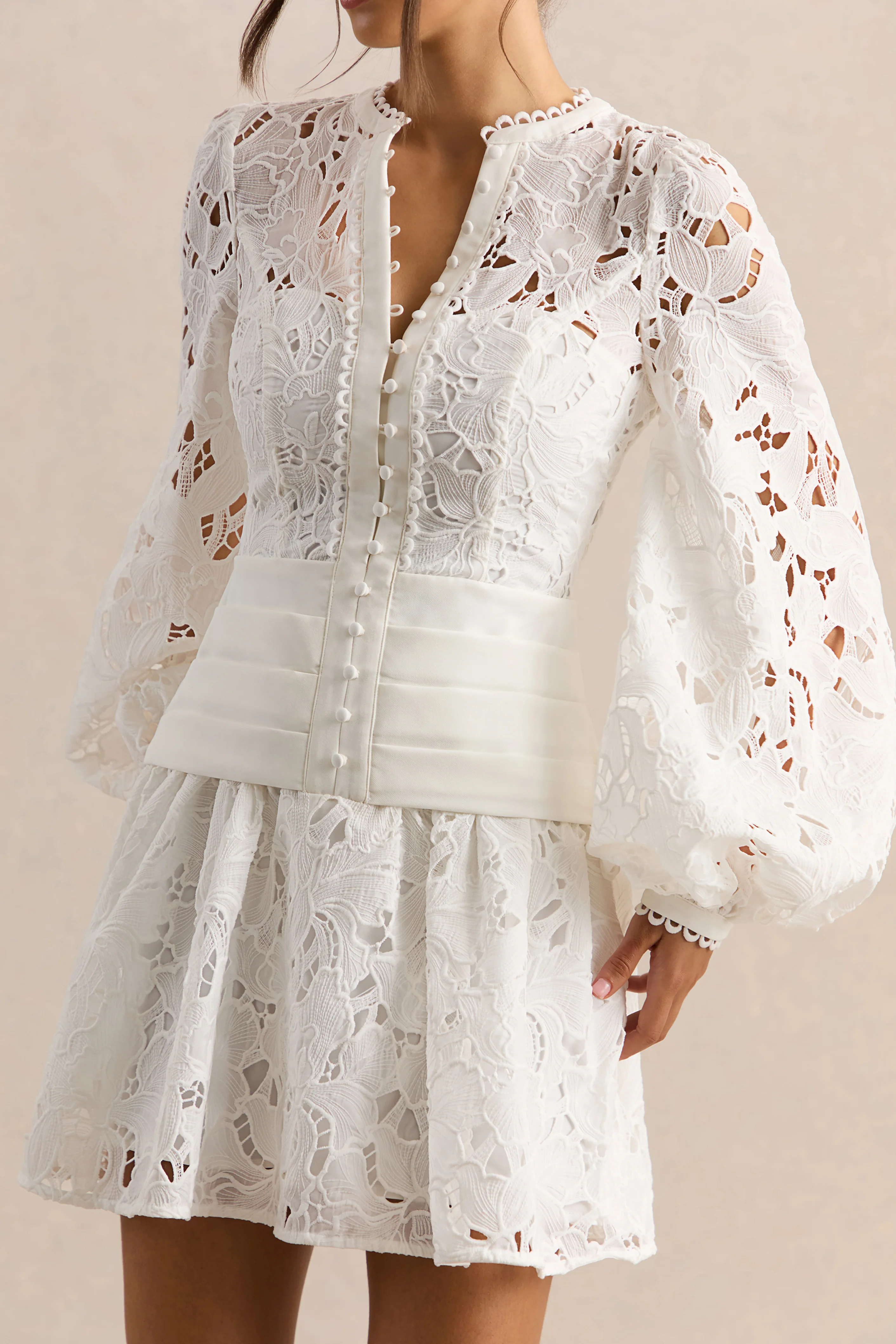 Helena | White Crew-Neck Mini Dress With Puff-Sleeves and Pleated Skirt