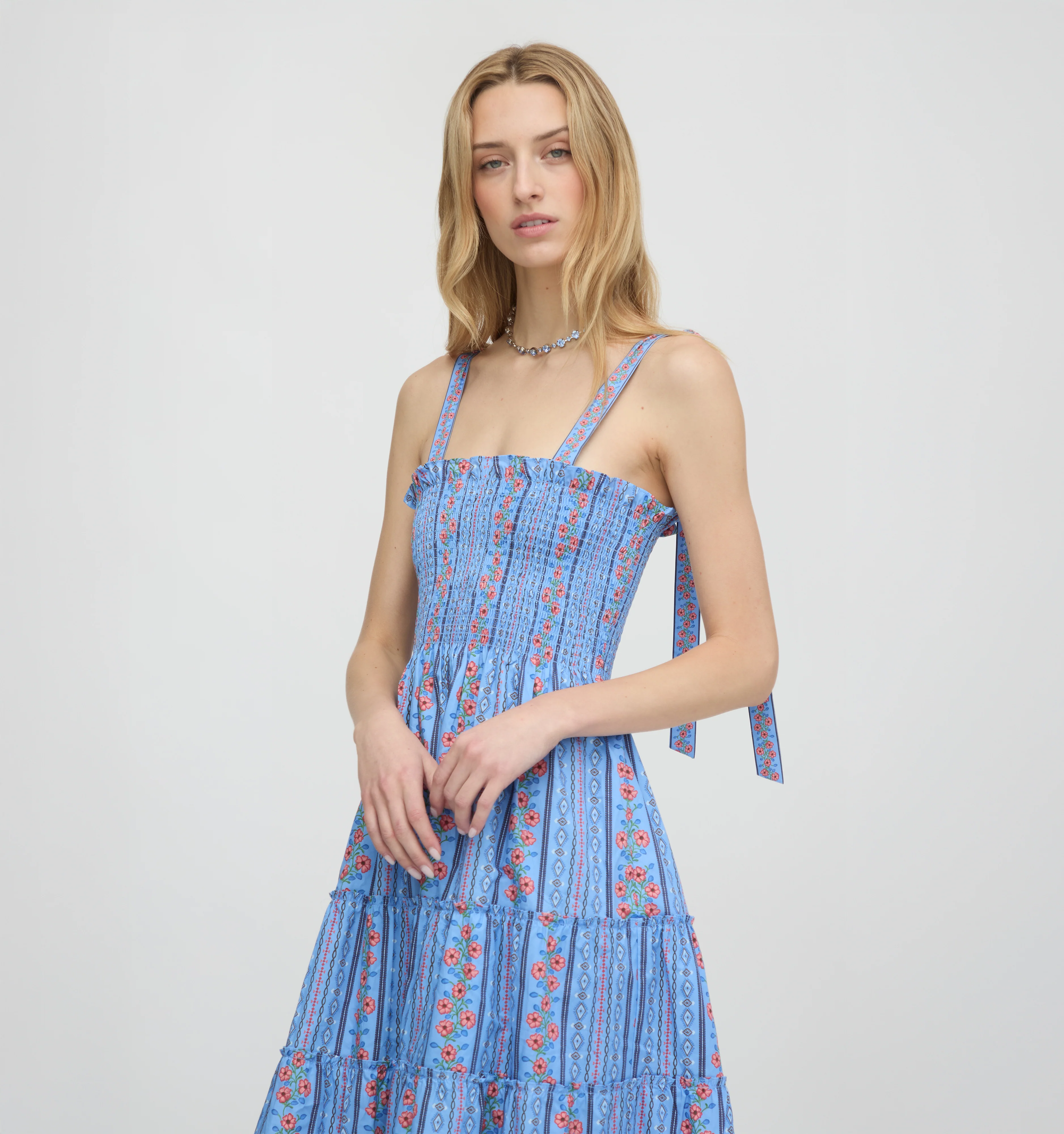 The Ribbon Ellie Nap Dress - Blue Floral Batik Stripe