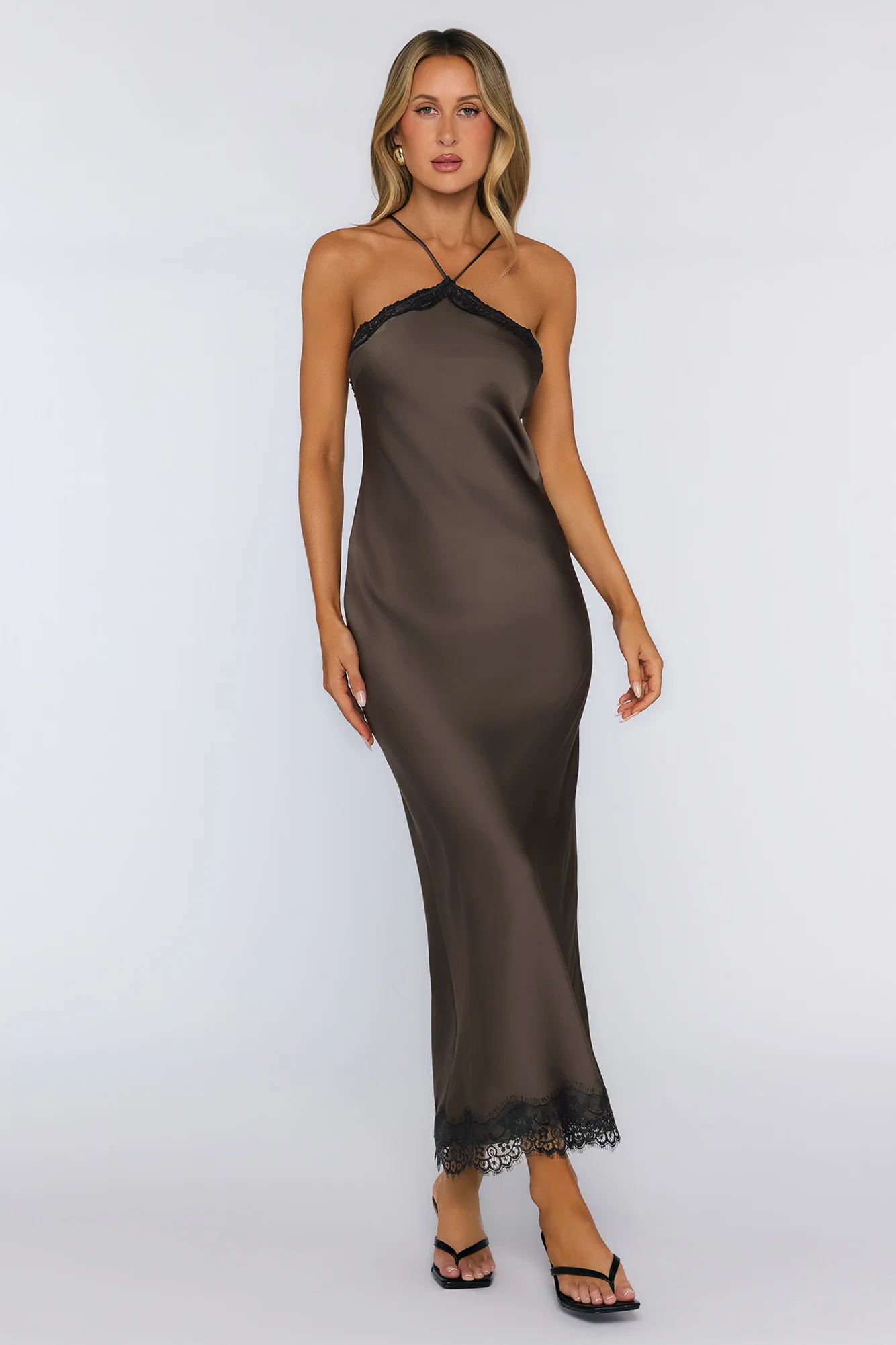 Editorial Archive Satin Lace Maxi Dress Brown