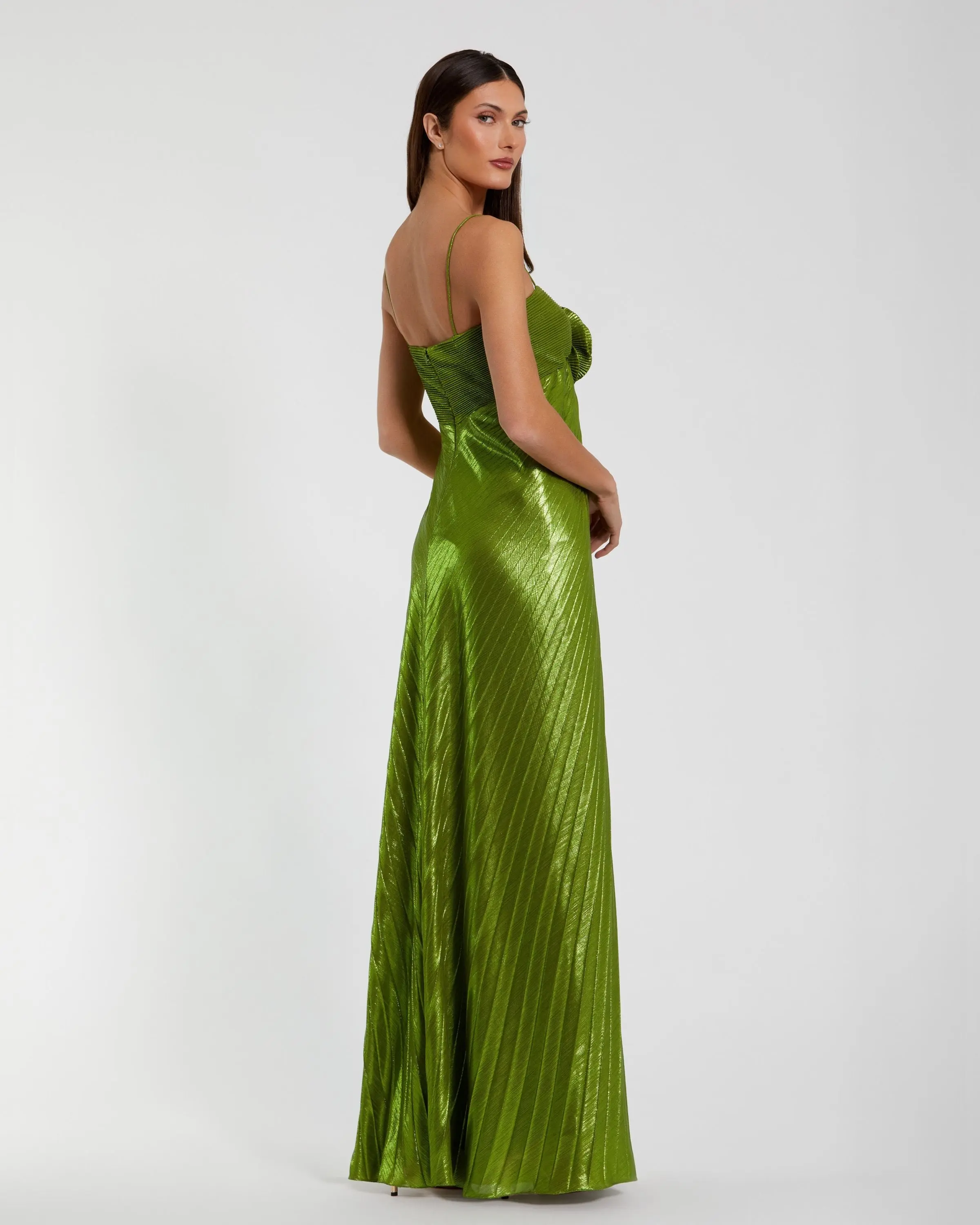 Green Metallic Pleated Gown With 3D Flower - FASHION NOB