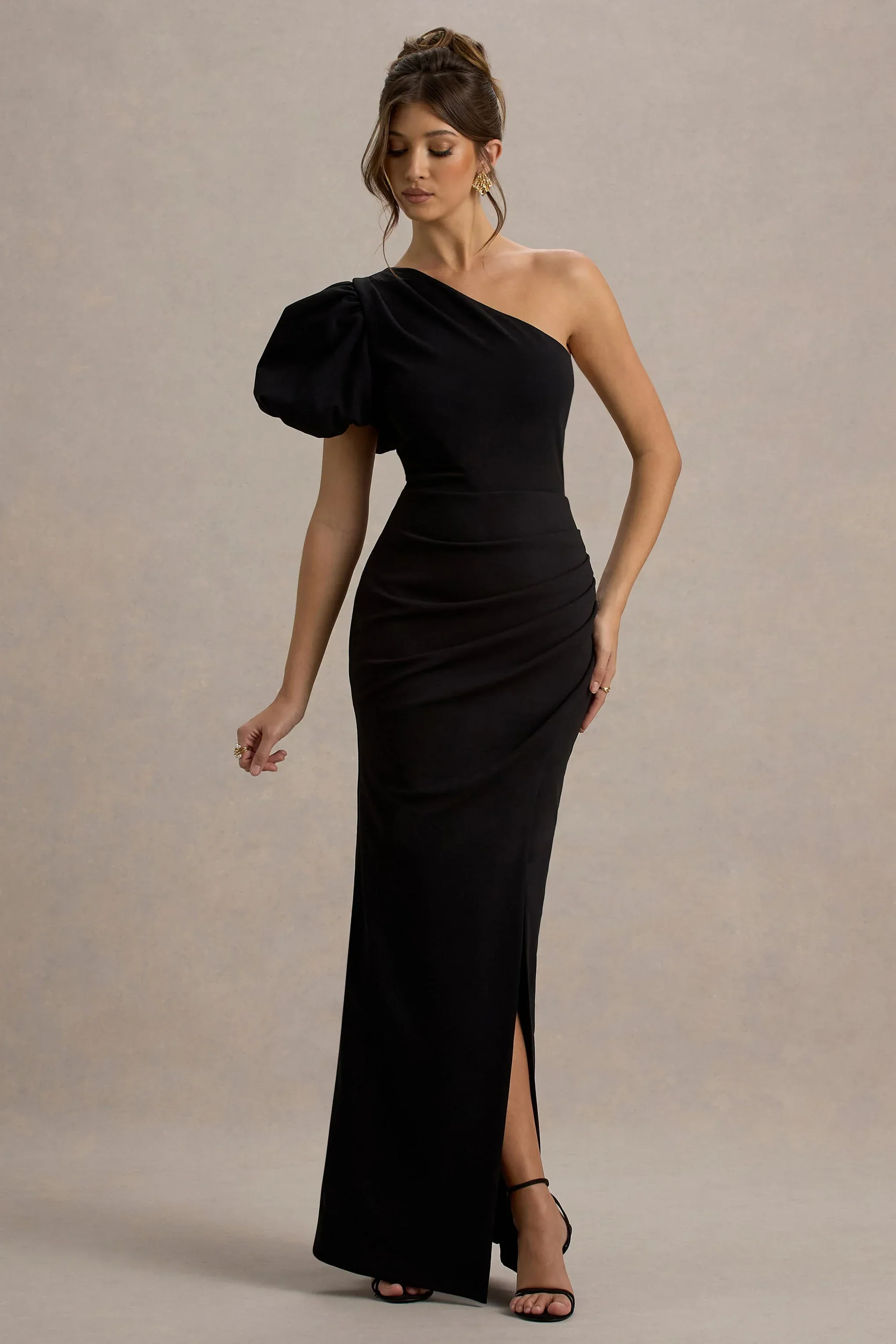 Vittoria | Black Asymmetric Puff-Sleeve Split Maxi Dress