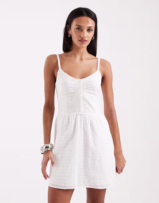 Hollister strappy button front mini dress in white check