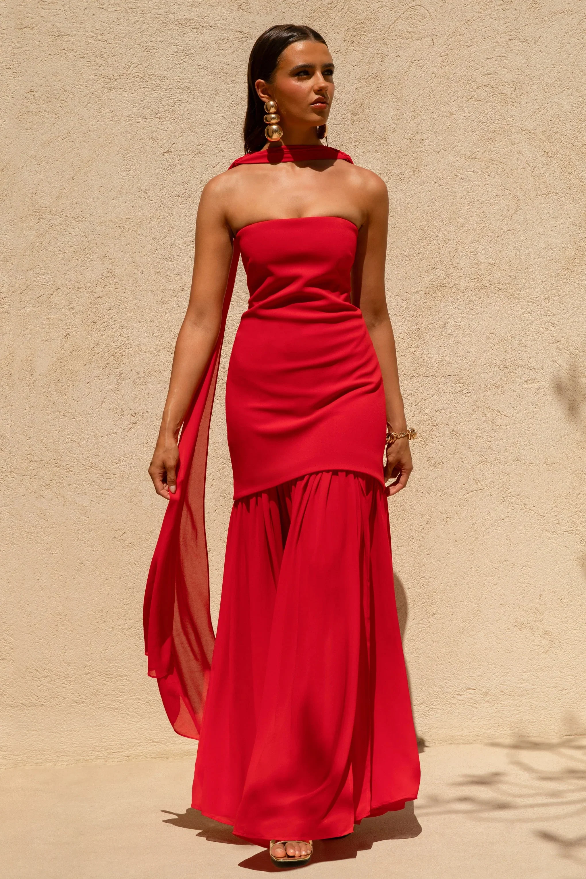 Kylie | Red High-Neck Maxi Dress With Chiffon Skirt