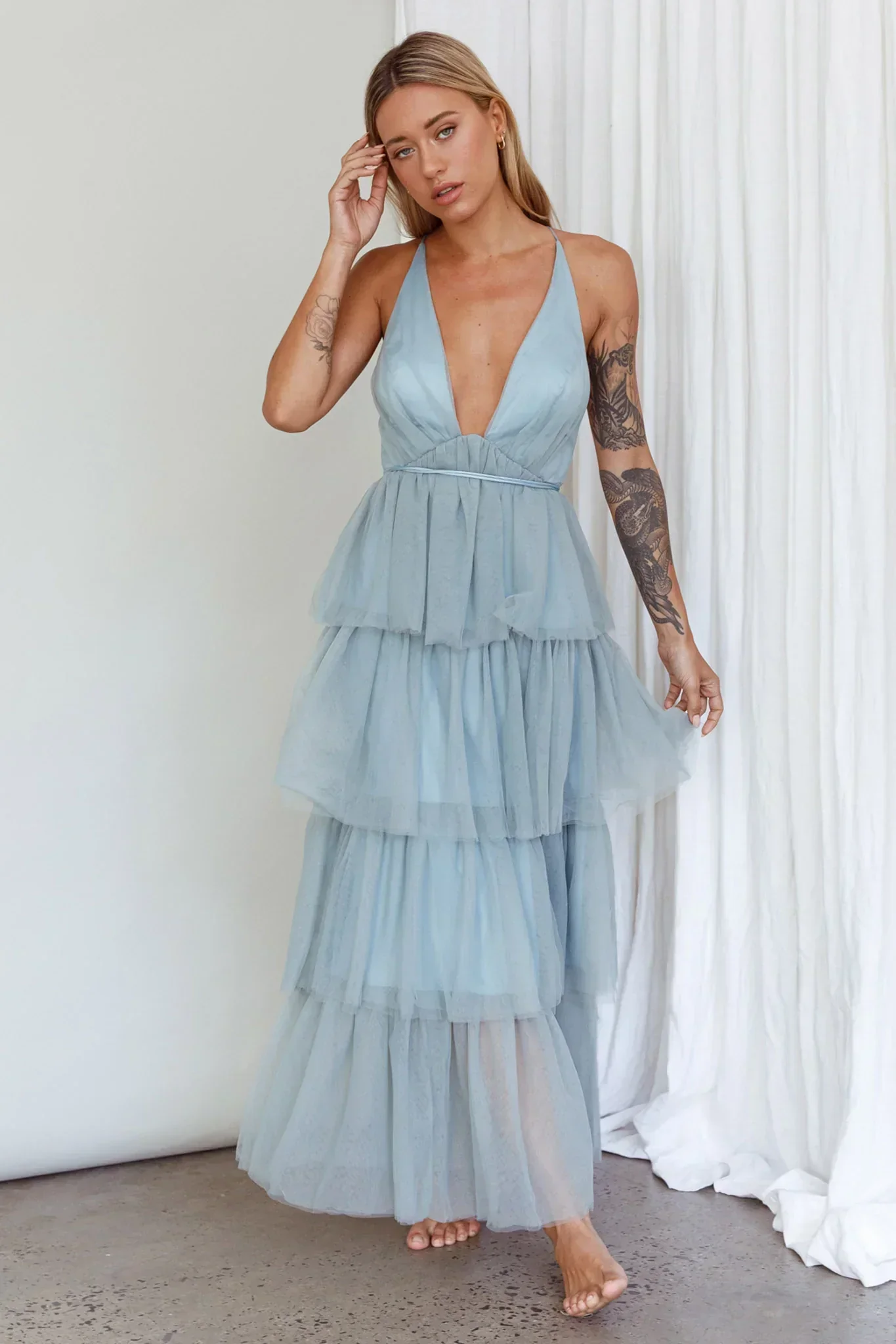 Auguste Tiered Frill Midi Dress Sage Green