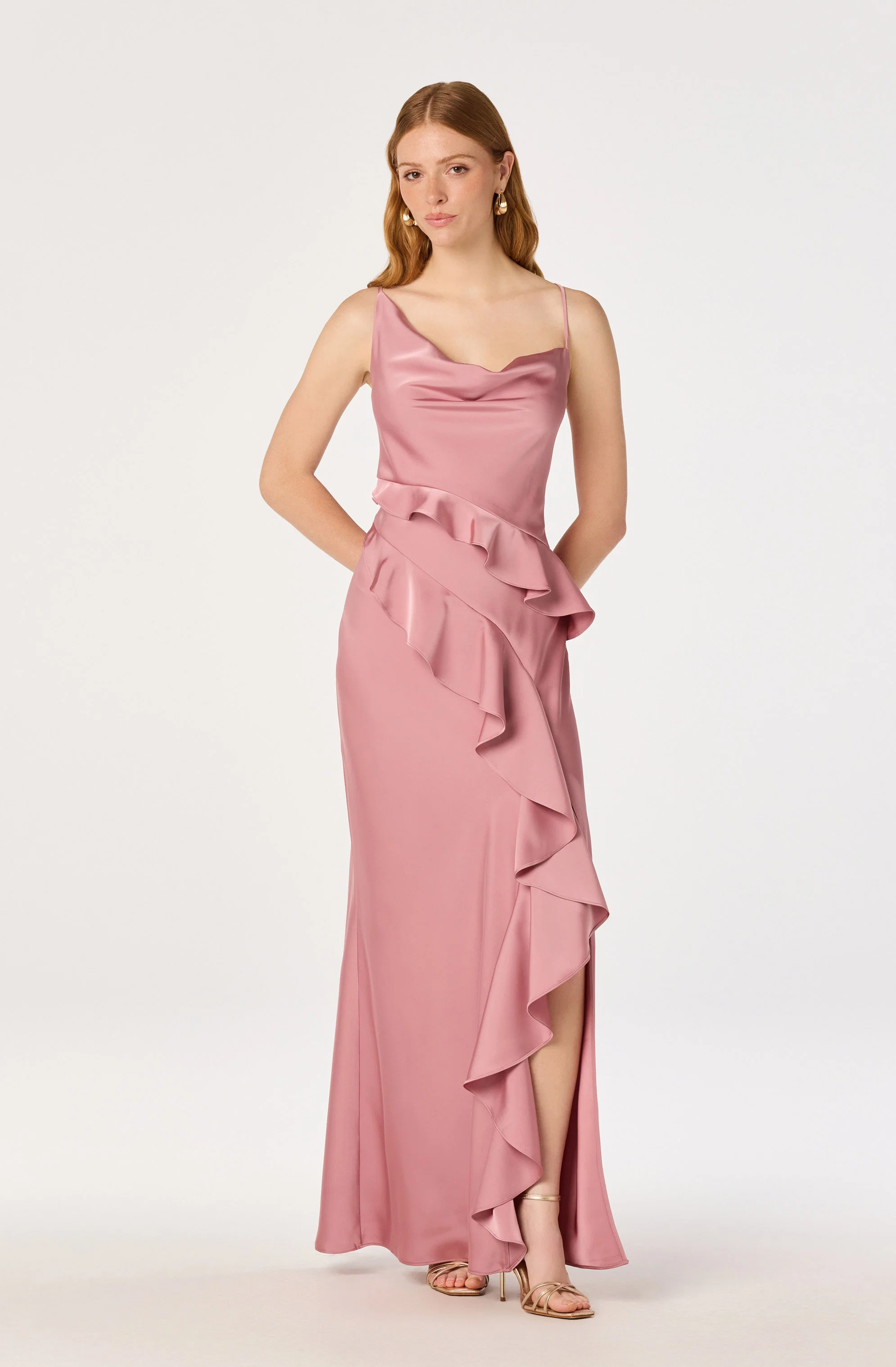 Adelina Satin Ruffle Maxi Dress