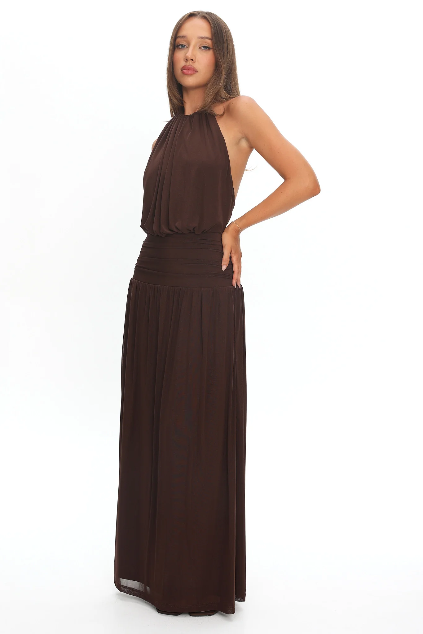 Entangled Backless Halter Maxi Dress Chocolate
