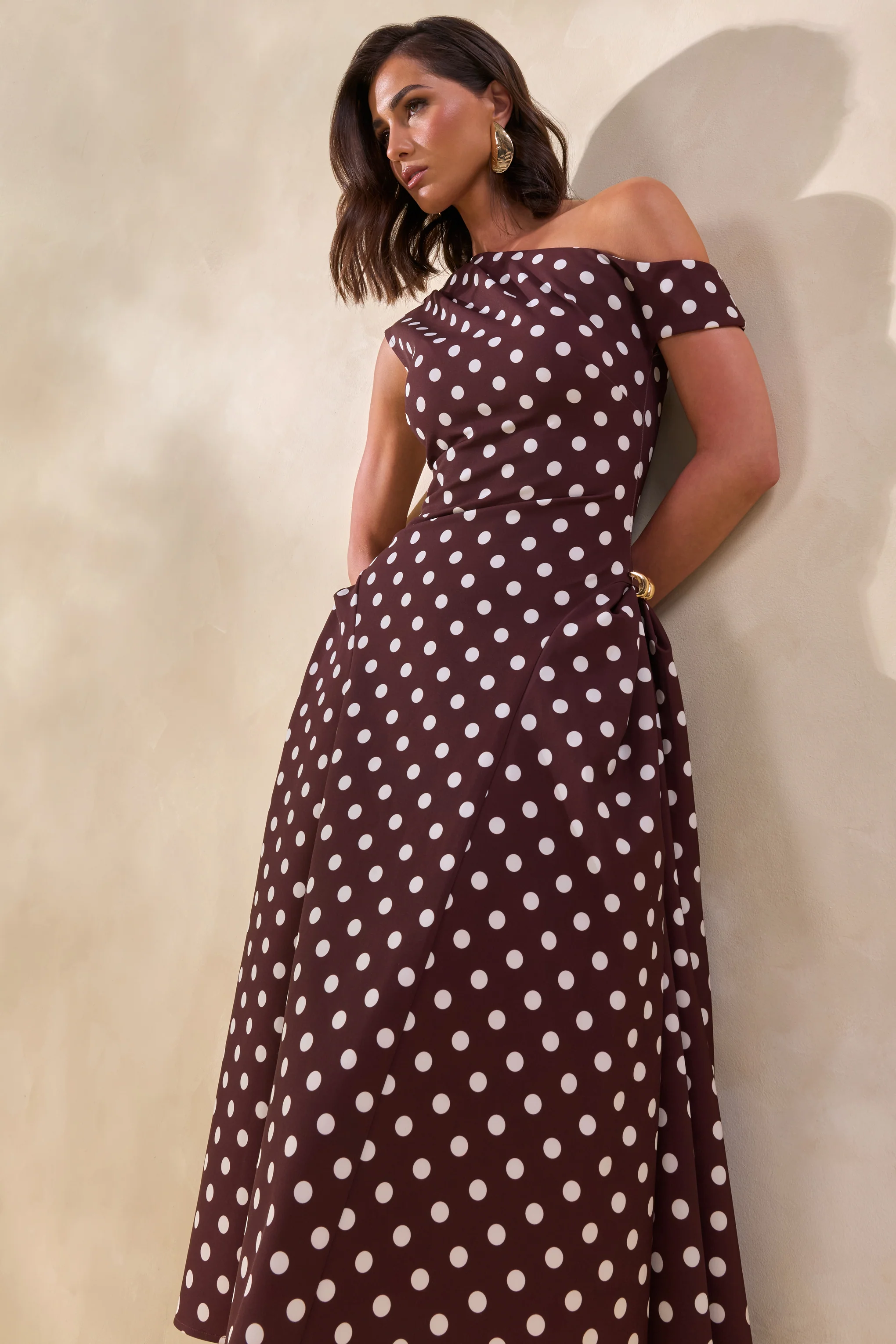 Celosia | Brown Polka-Dot Asymmetric-Neck Midi Dress With Gold-Detailing