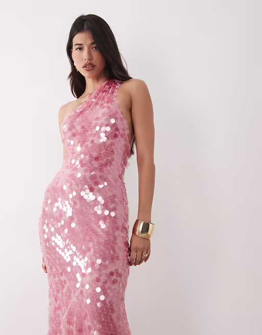 sequined one shoulder maxi dress in pink