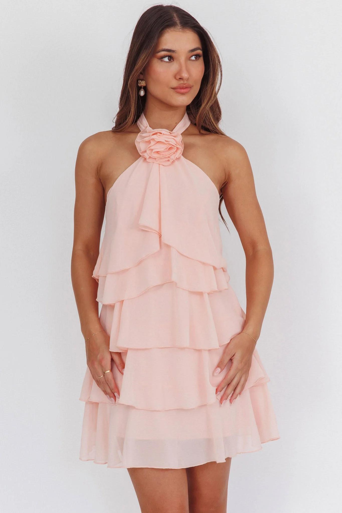 Southern Belles Halterneck Ruffle Mini Dress Pink