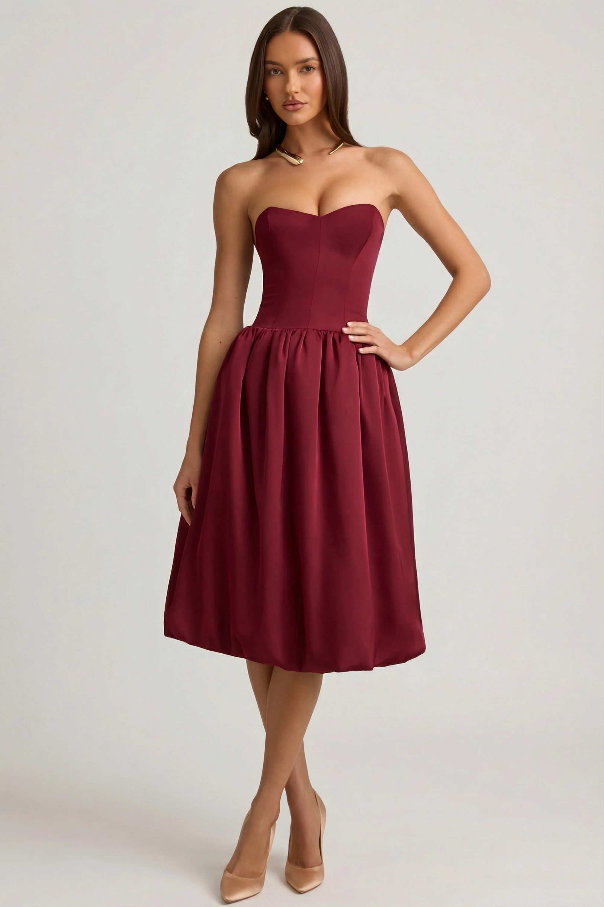Convertible Bow-Detail Bubble Hem Midaxi Dress in Wine Red