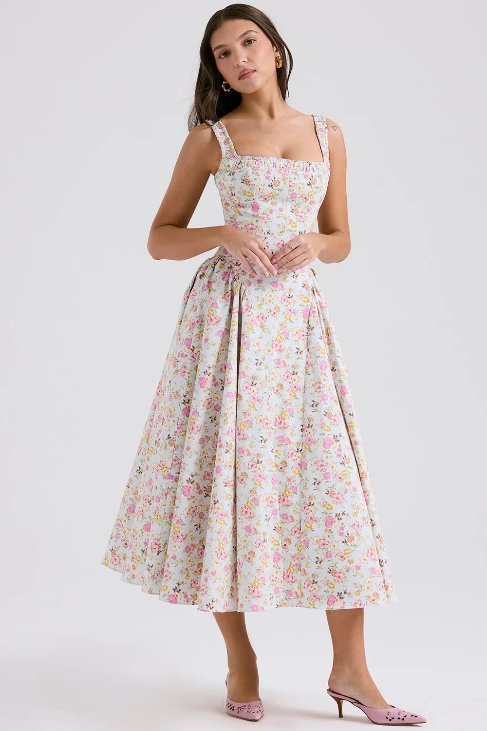 pale blue meadow print cotton midi sundress