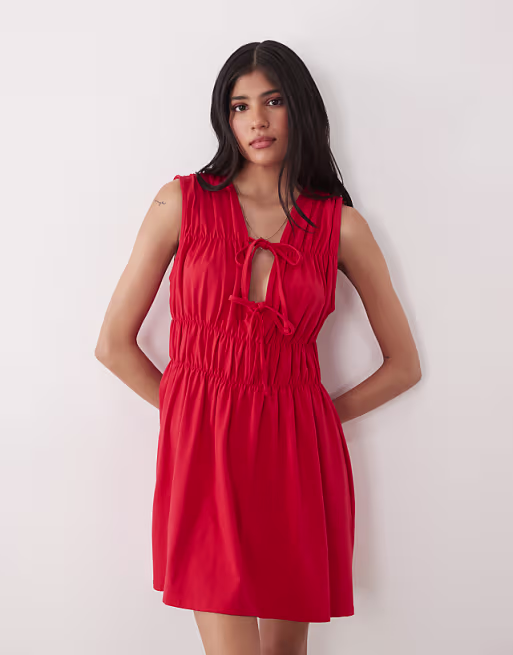 shirred tie front mini dress in red