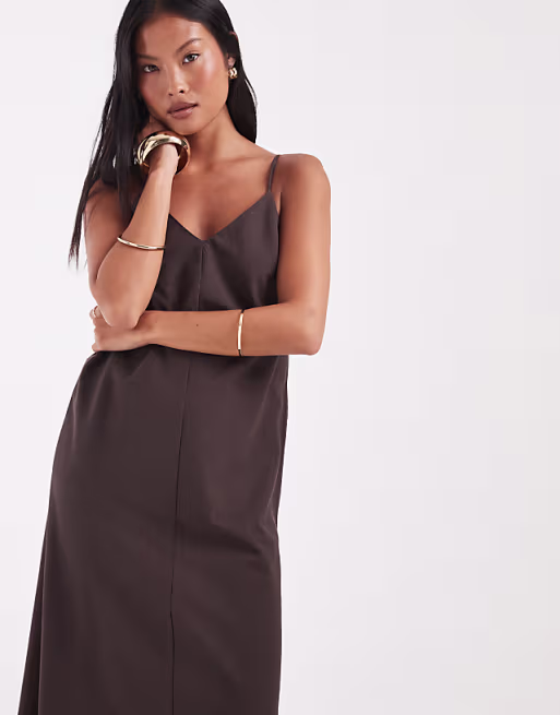 Vero Moda Petite linen look cami strap midi dress in chocolate