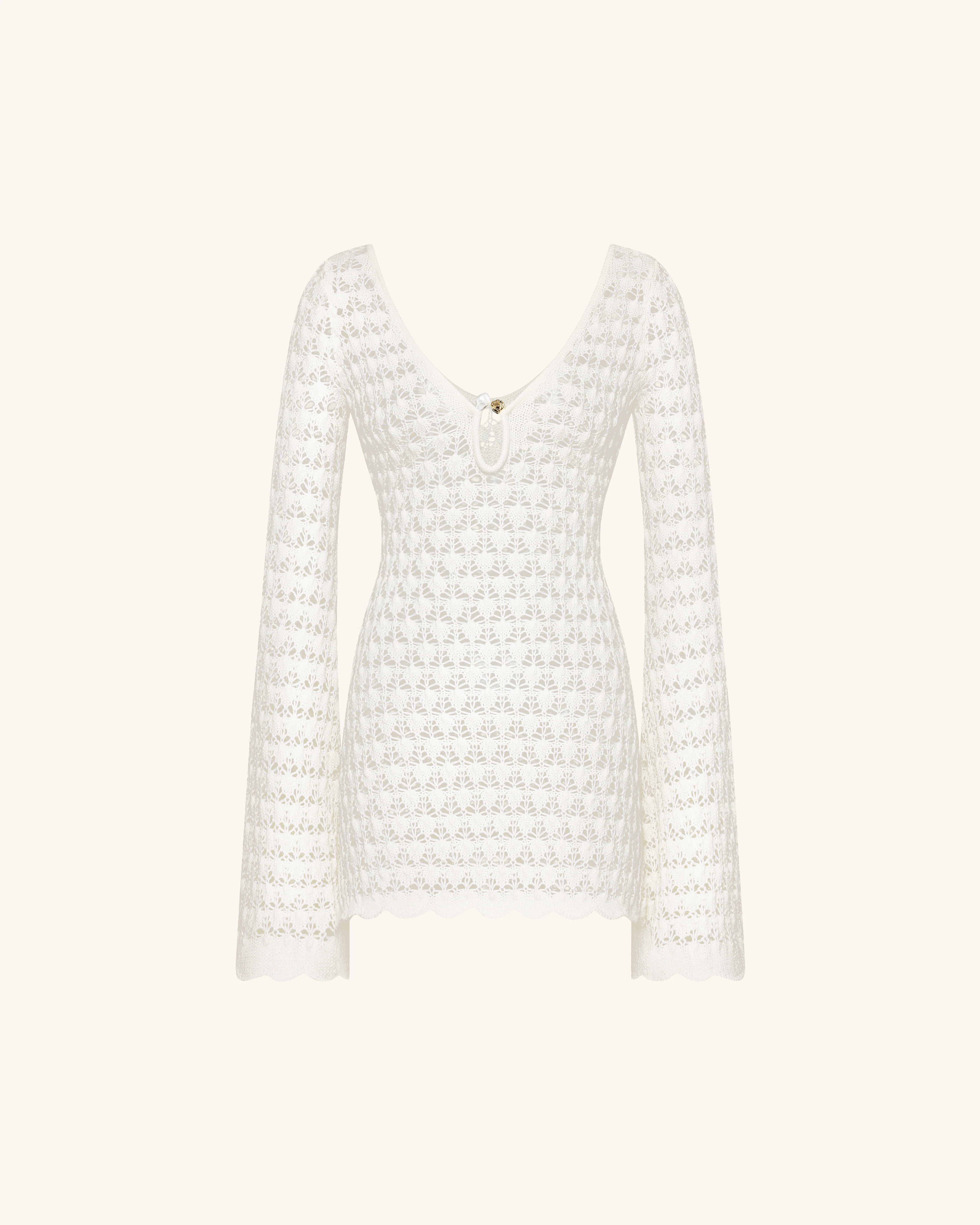 Pointelle Knit Keyhole Mini Dress - White - FASHION NOB