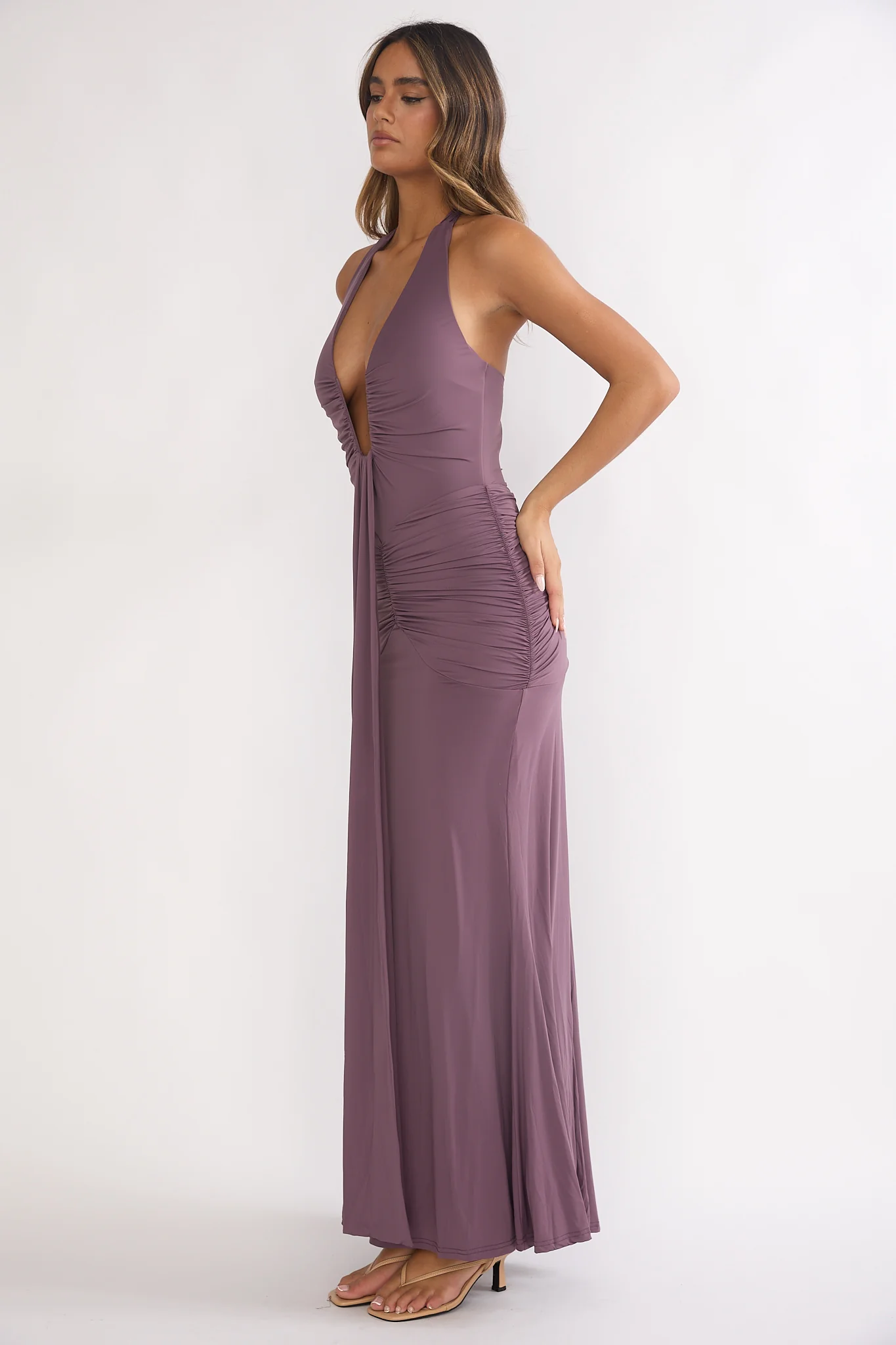Brienna Halter Ruched Maxi Dress Mauve - luluinthesky
