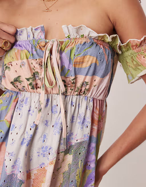 eyelet frill off the shoulder mini dress in patchwork floral print