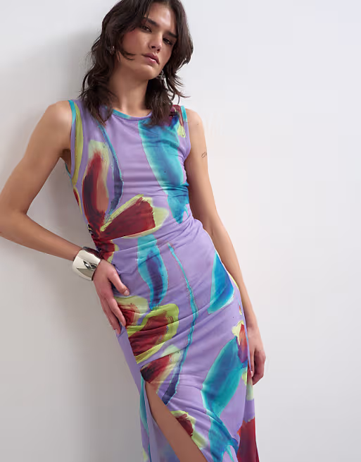 Topshop mesh floral print ruched midaxi dress in purple