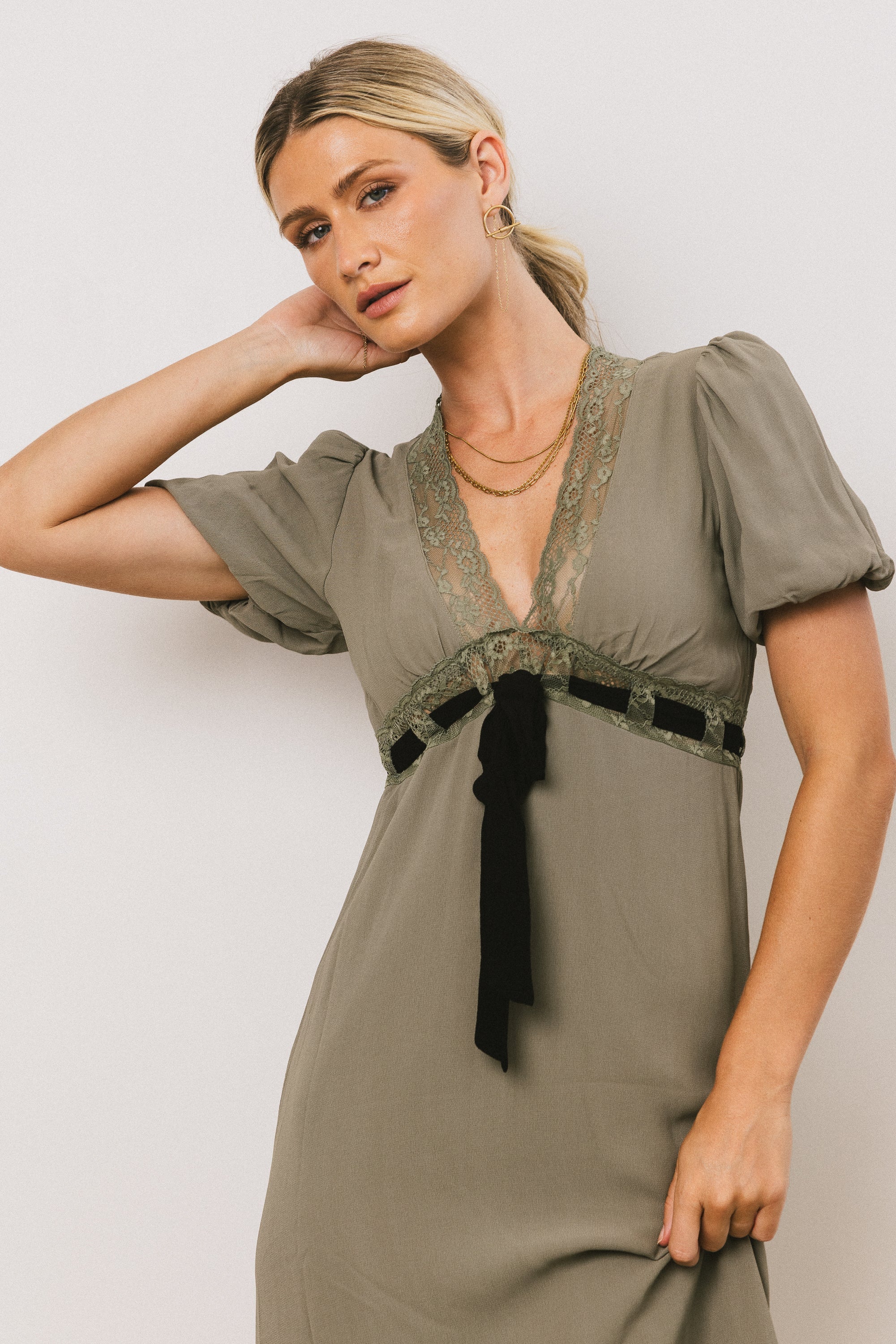 Selah Lace Trim Midi Dress in Sage