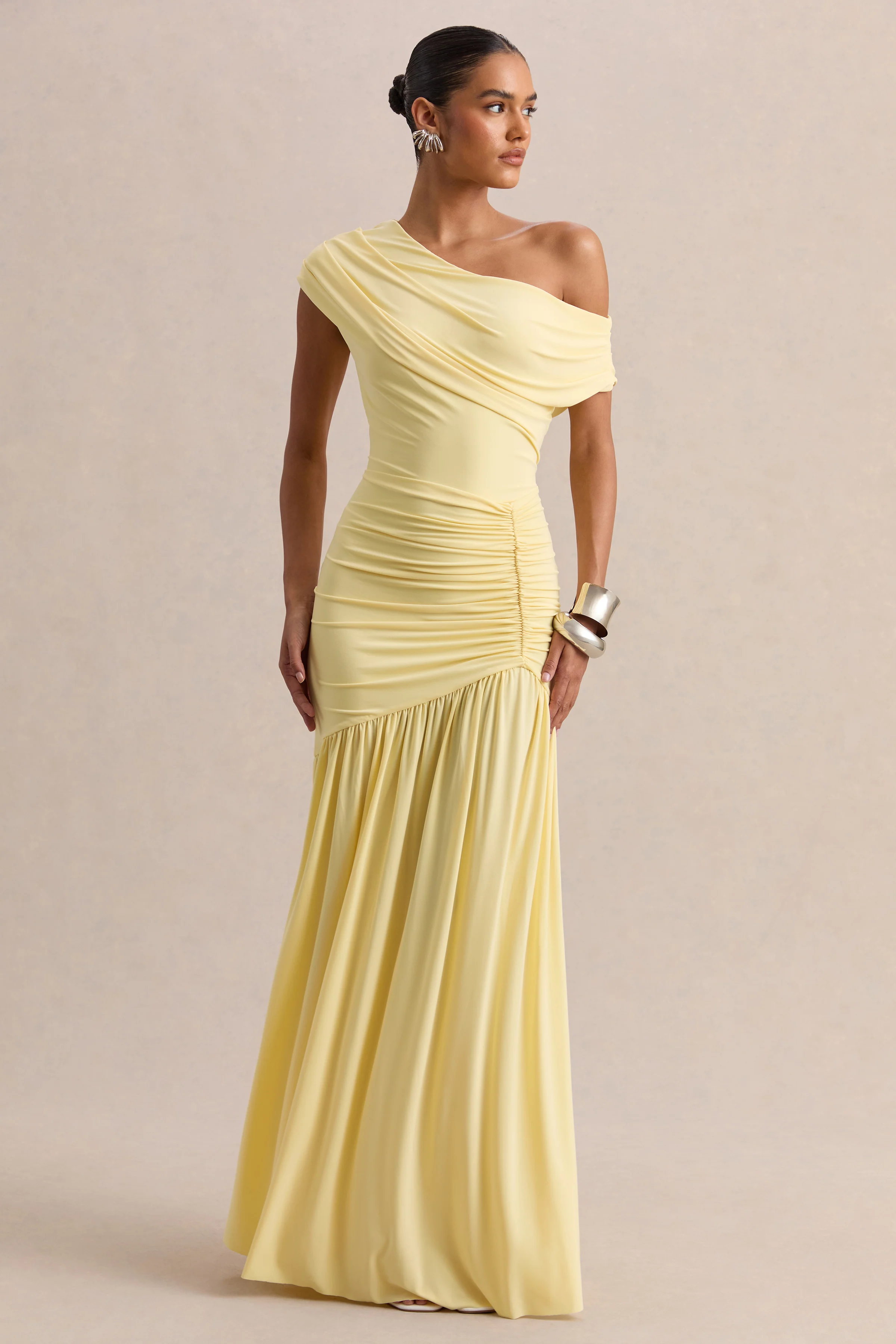 Kady | Lemon Asymmetric-Neck Maxi Dress With Ruched Detailing