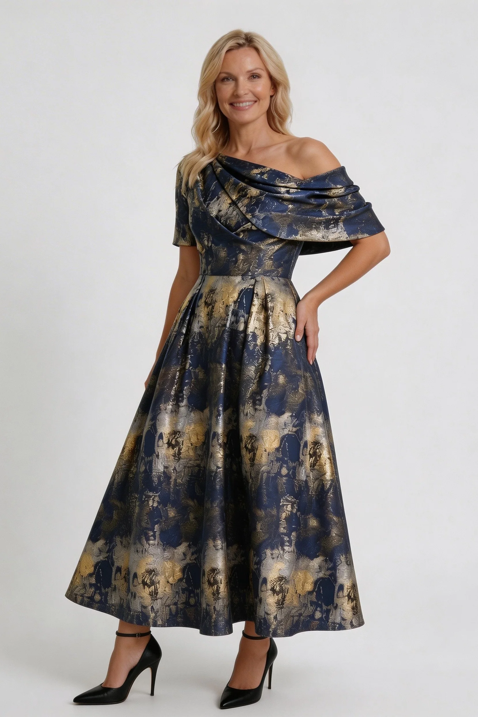 A-Line Tea-Length Jacquard Mother of the Bride Dress CM0428